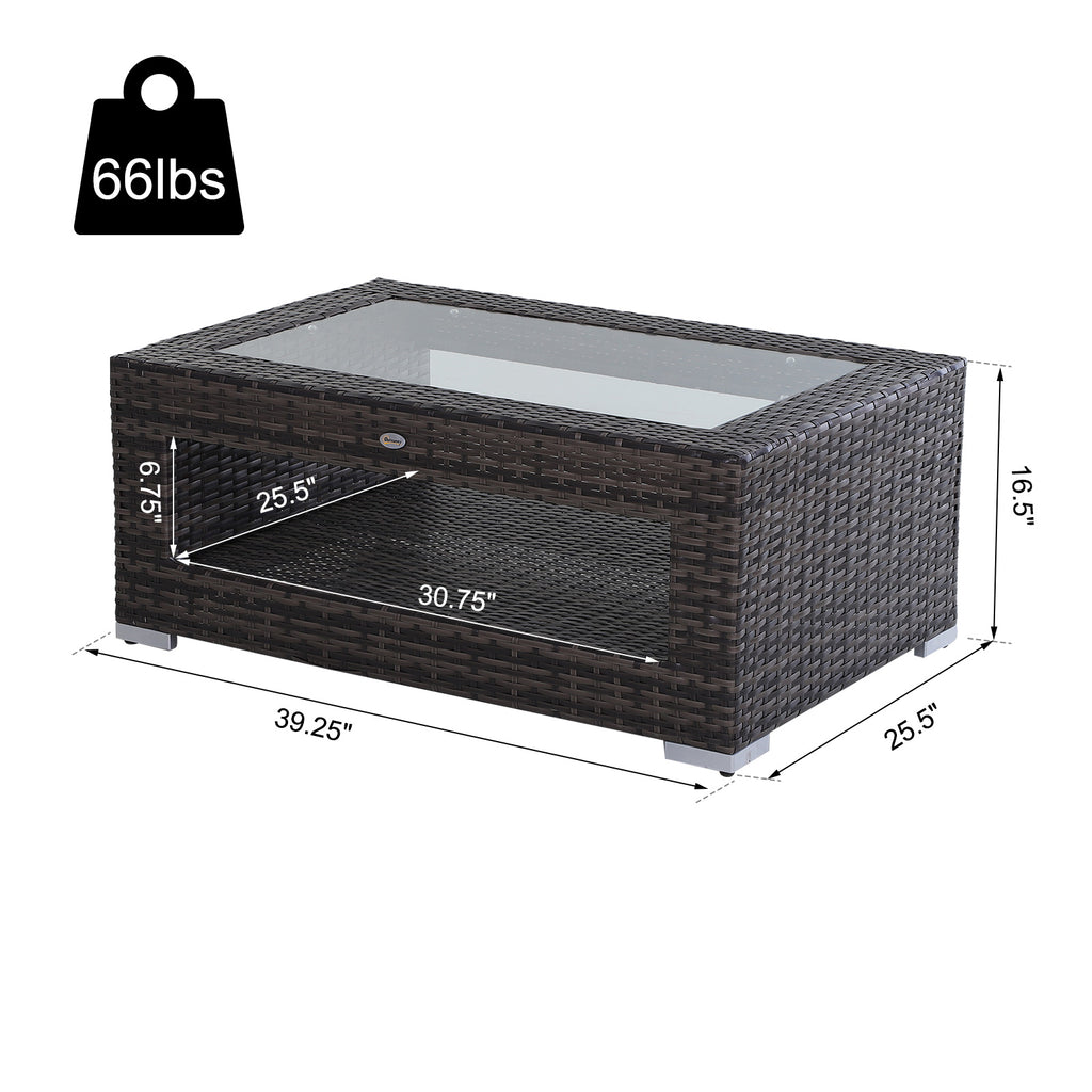 2-Tier Rattan Patio Coffee Table Wicker Patio Tea End Desk with Tempered Glass Top & Storage for Balcony, Backyard, Poolside