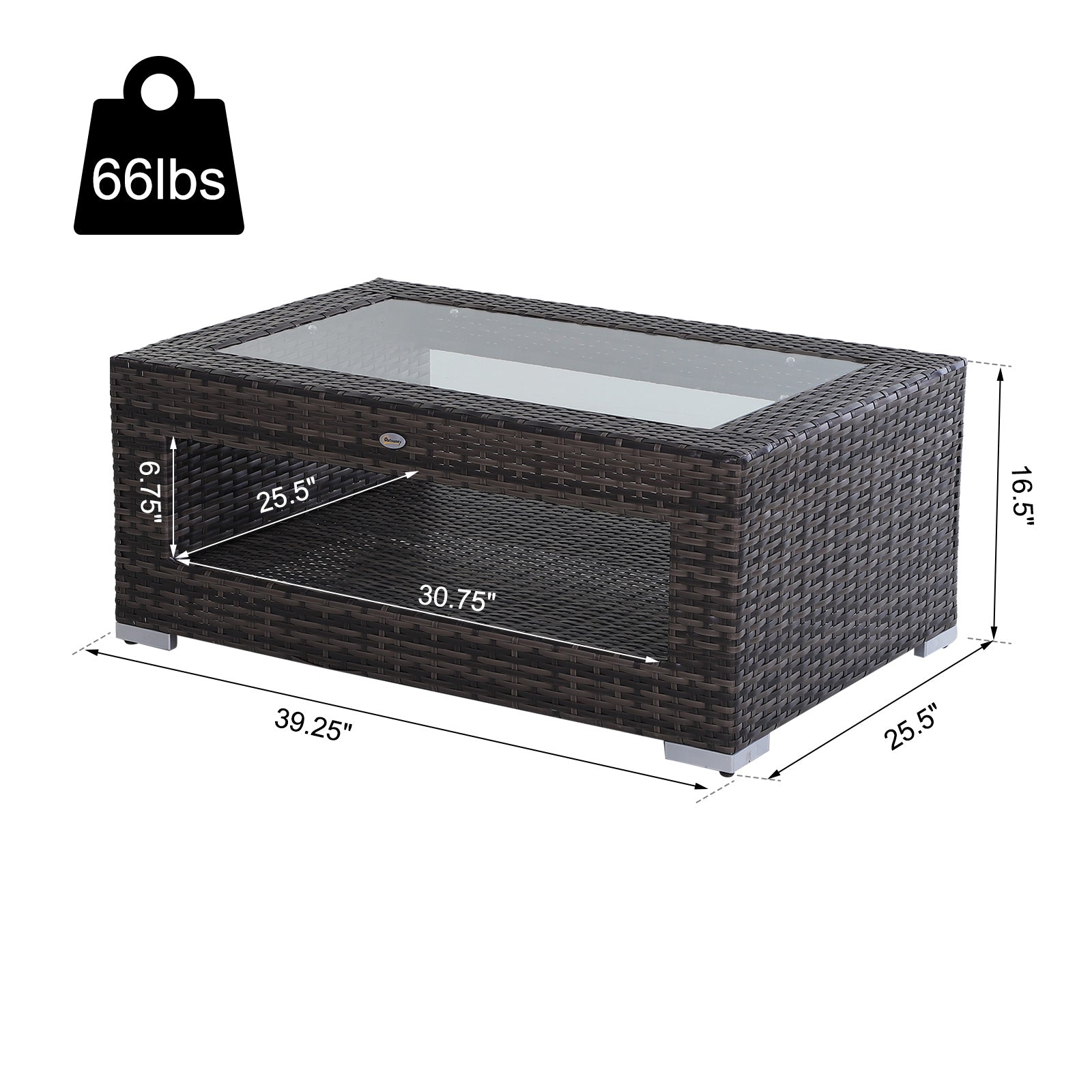 2-Tier Rattan Patio Coffee Table Wicker Patio Tea End Desk with Tempered Glass Top & Storage for Balcony, Backyard, Poolside