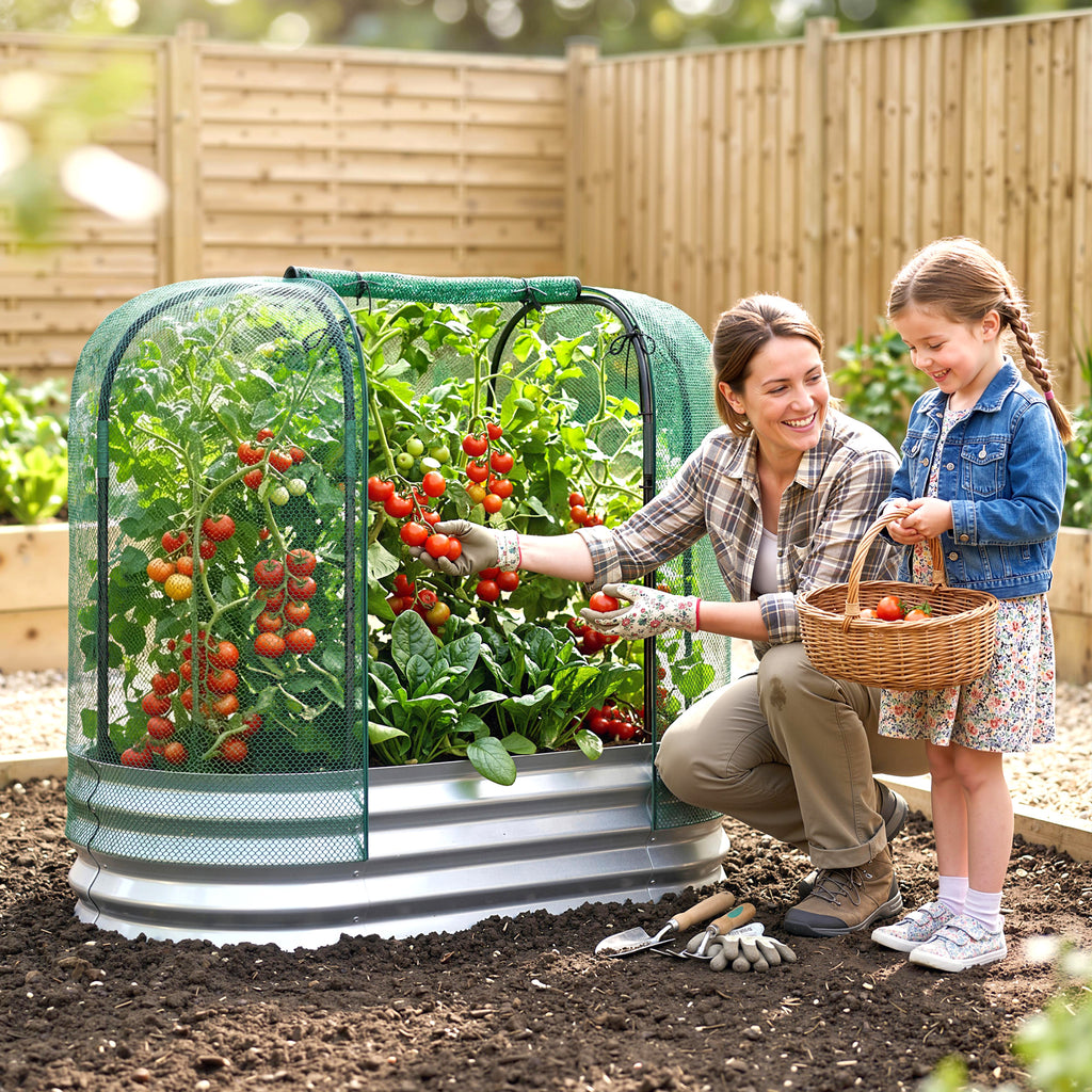 Galvanized Raised Garden Bed with Crop Cage Protection Net Cover, Outdoor Planter Box for Vegetables, Flowers, Herbs