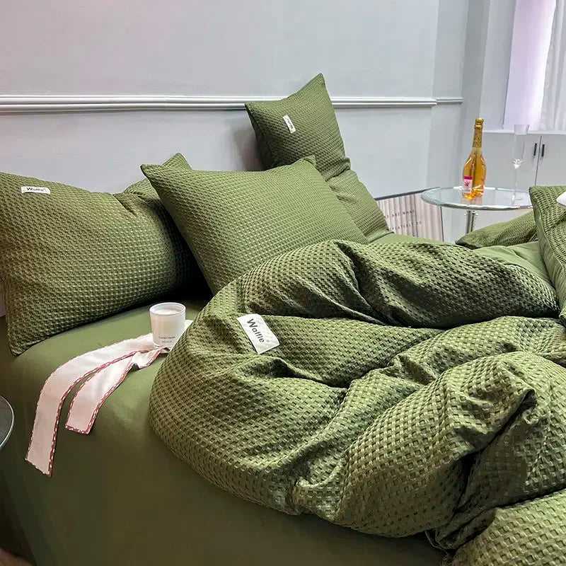 Luxury Cotton Waffle Bedding Set – 4-Piece Olive Green Quilt Cover & Bed Sheet Set