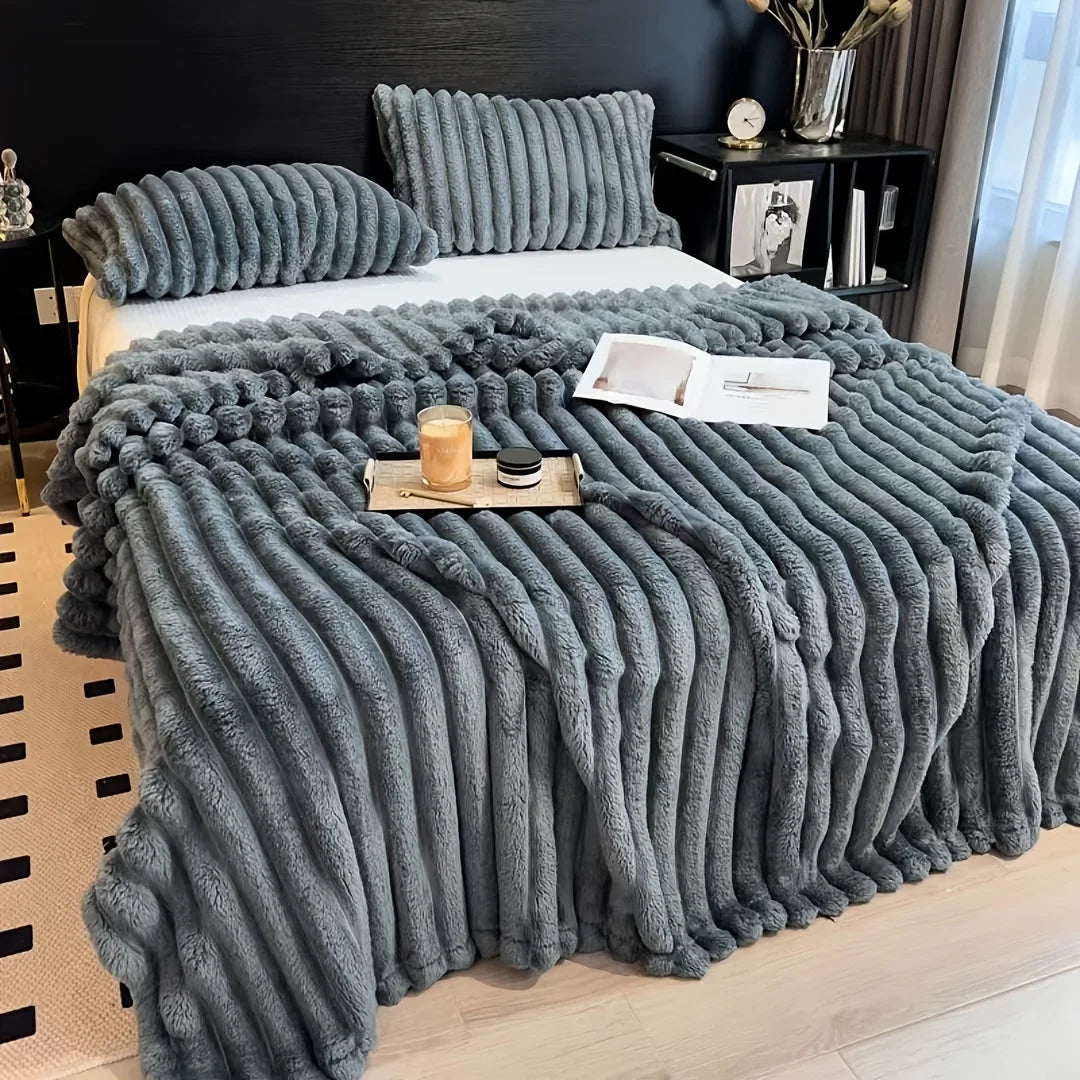 Solid Thickened Wide Stripe Flannel Blanket – Soft Multi-Purpose Bed & Sofa Throw