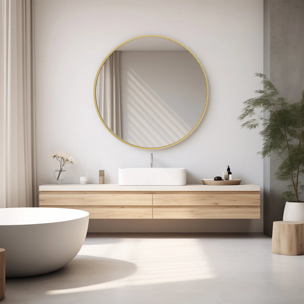 Large Gold Round Vanity Mirror – 30 Inch Modern Matte Metal Framed Wall Mirror