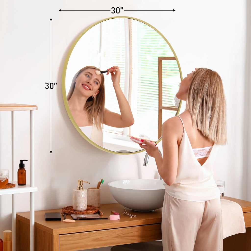 Large Gold Round Vanity Mirror – 30 Inch Modern Matte Metal Framed Wall Mirror