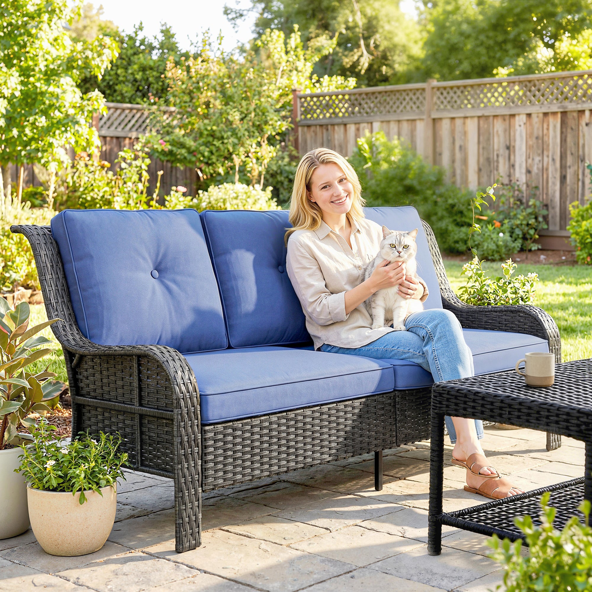 Wicker Patio Sofa with Cushions, 3 Seater Rattan Outdoor Couch for Patio, Garden, Porch, Backyard, Deep Blue
