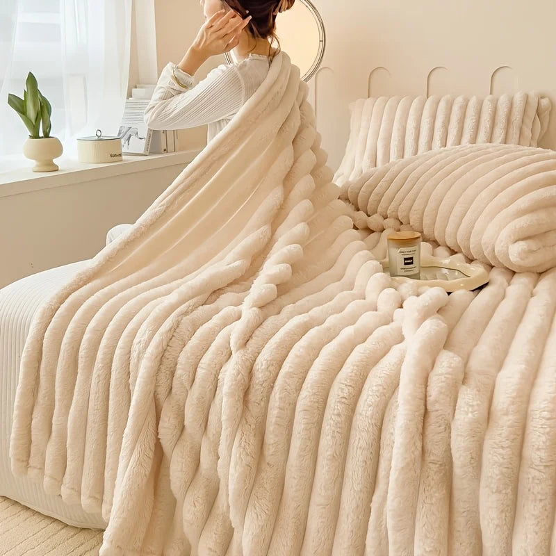 Solid Thickened Wide Stripe Flannel Blanket – Soft Multi-Purpose Bed & Sofa Throw