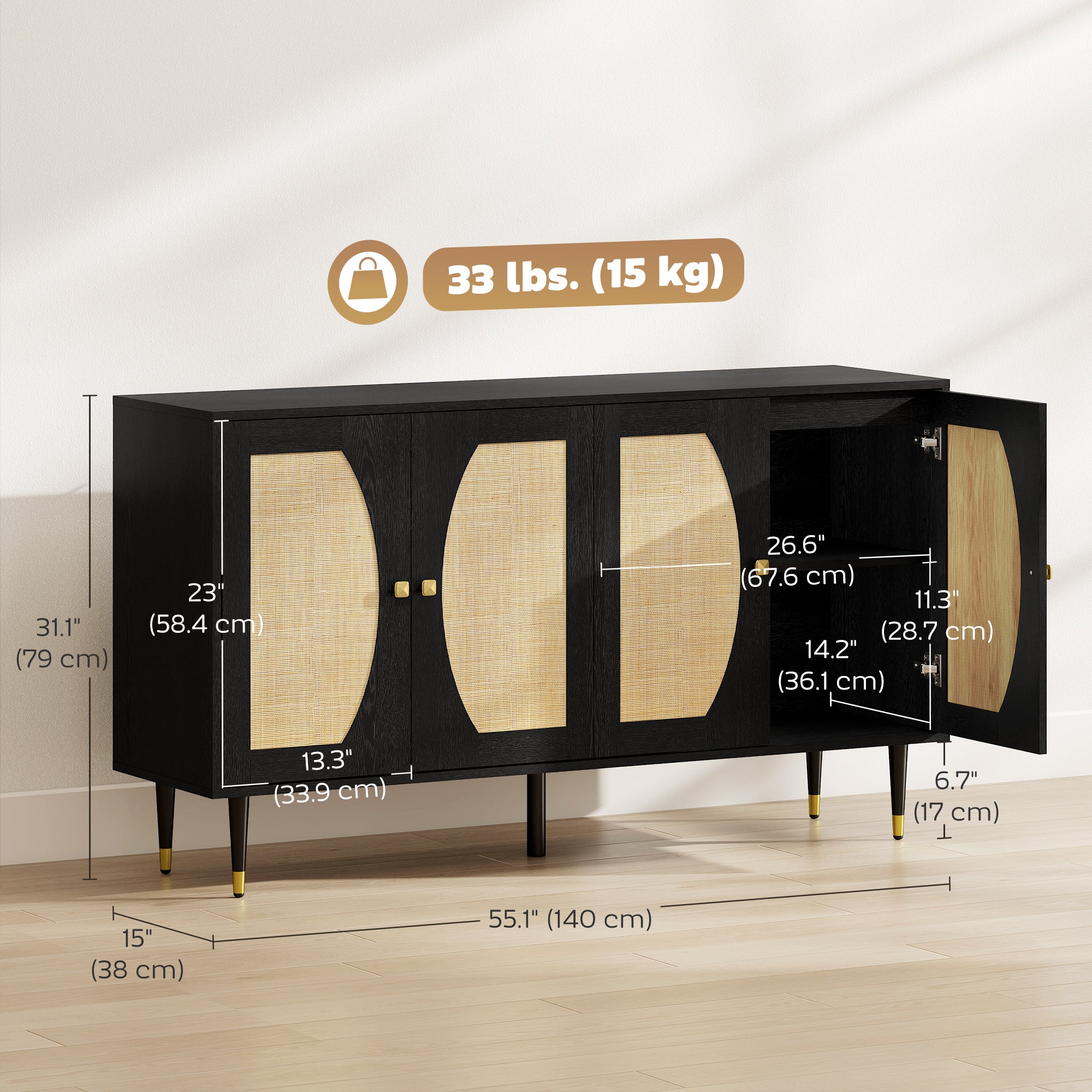 55" Sideboard Buffet Cabinet, Boho Storage Cabinet with Adjustable Shelves, Soft Close Doors and Rattan Front, Black