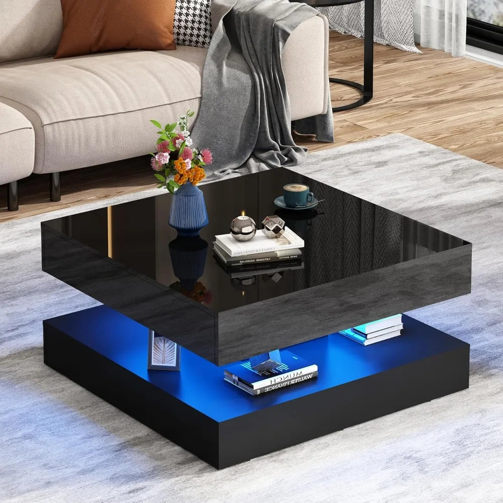 33.9 LED Coffee Table with Storage, Modern High Glossy Living Room Table w/2 Drawers, Double-Layer Design Large Square Center