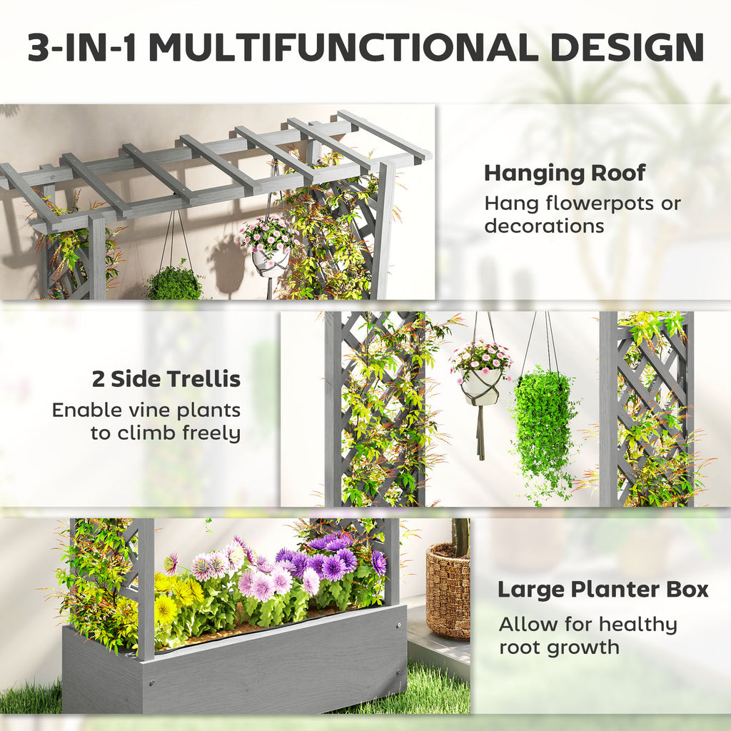 Wooden Raised Garden Bed with Trellis, Outdoor Planter Box with Hanging Roof, Drainage Holes and Bed Liner