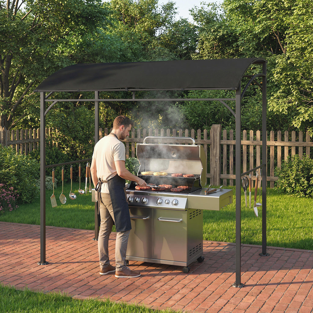 7' x 5' Garden Grill Canopy, BBQ Grill Gazebo Tent with Steel Frame and Hooks, Outdoor Sun Shade, Black