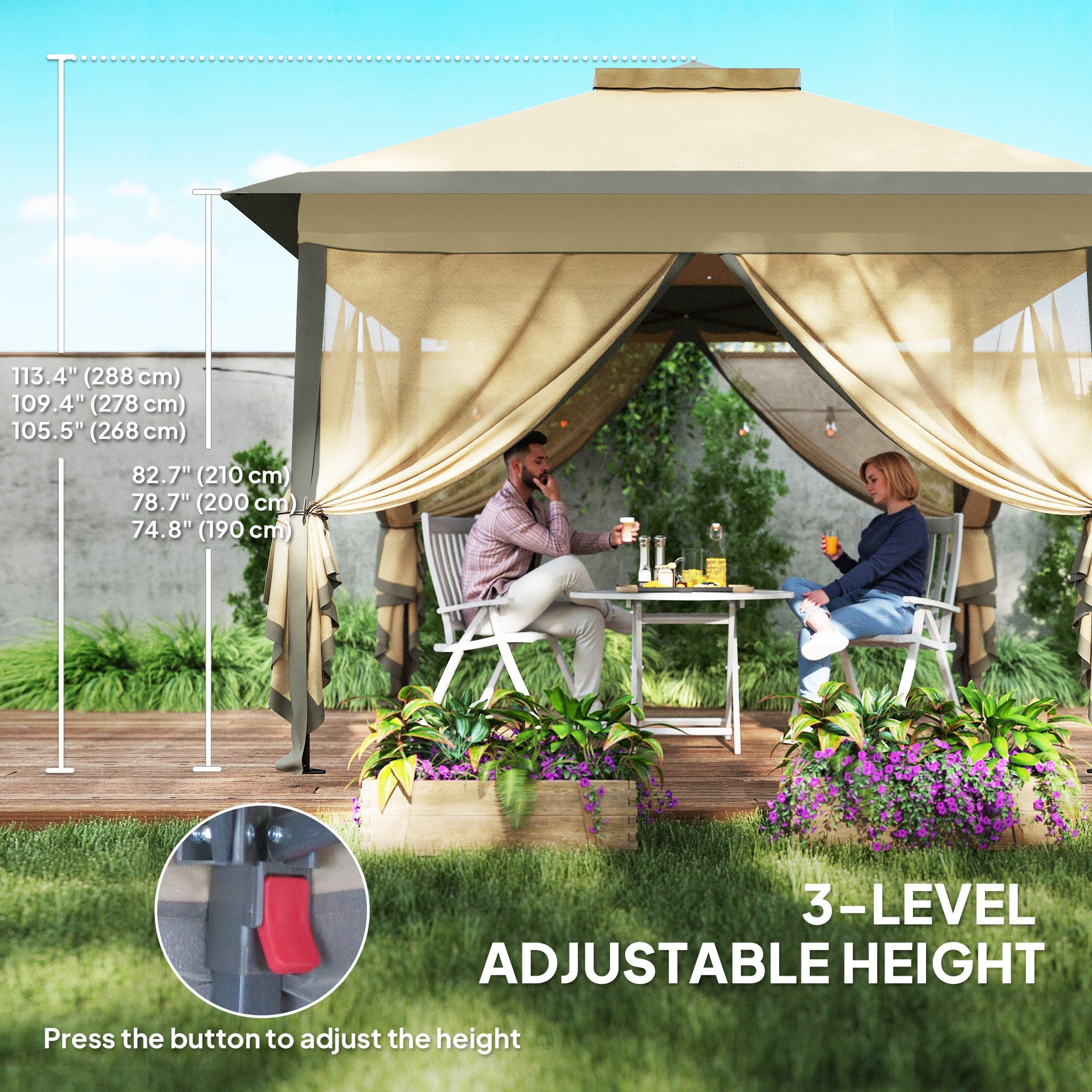 11' x 11' Pop Up Gazebo, Double Roof Foldable Height Adjustable Canopy Tent with Mesh Sidewalls, Carrying Bag, Beige