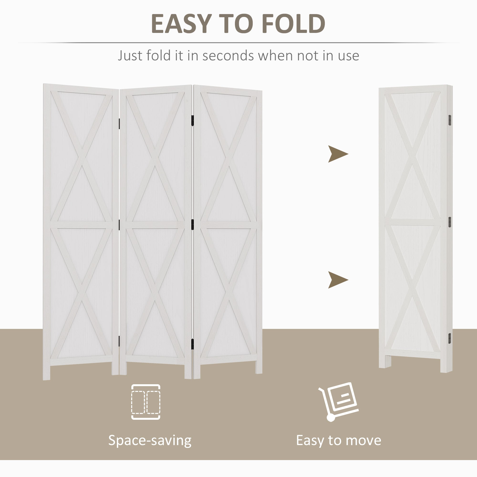 3-panel Wall Partition Farmhouse Room Separator with Foldable Design Wooden Frame 5.6FT, White