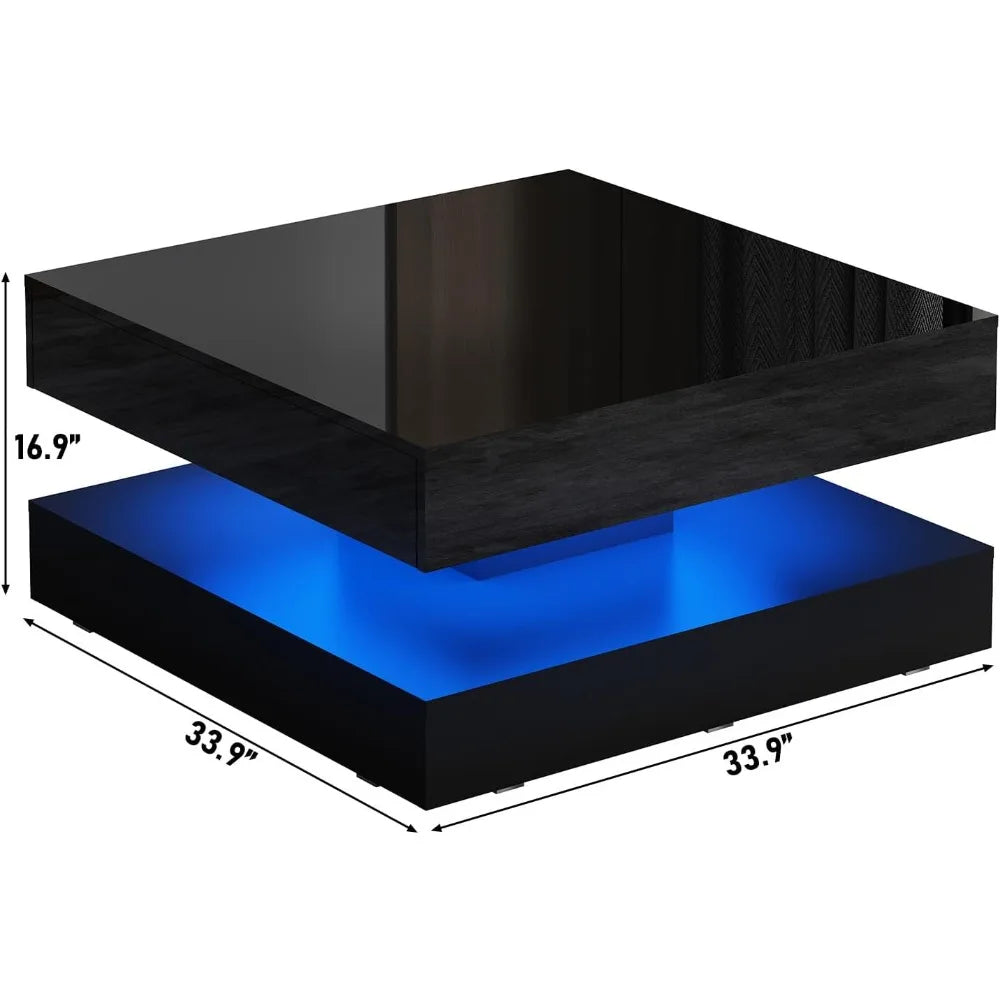 33.9 LED Coffee Table with Storage, Modern High Glossy Living Room Table w/2 Drawers, Double-Layer Design Large Square Center