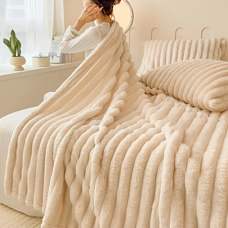Solid Thickened Wide Stripe Flannel Blanket – Soft Multi-Purpose Bed & Sofa Throw