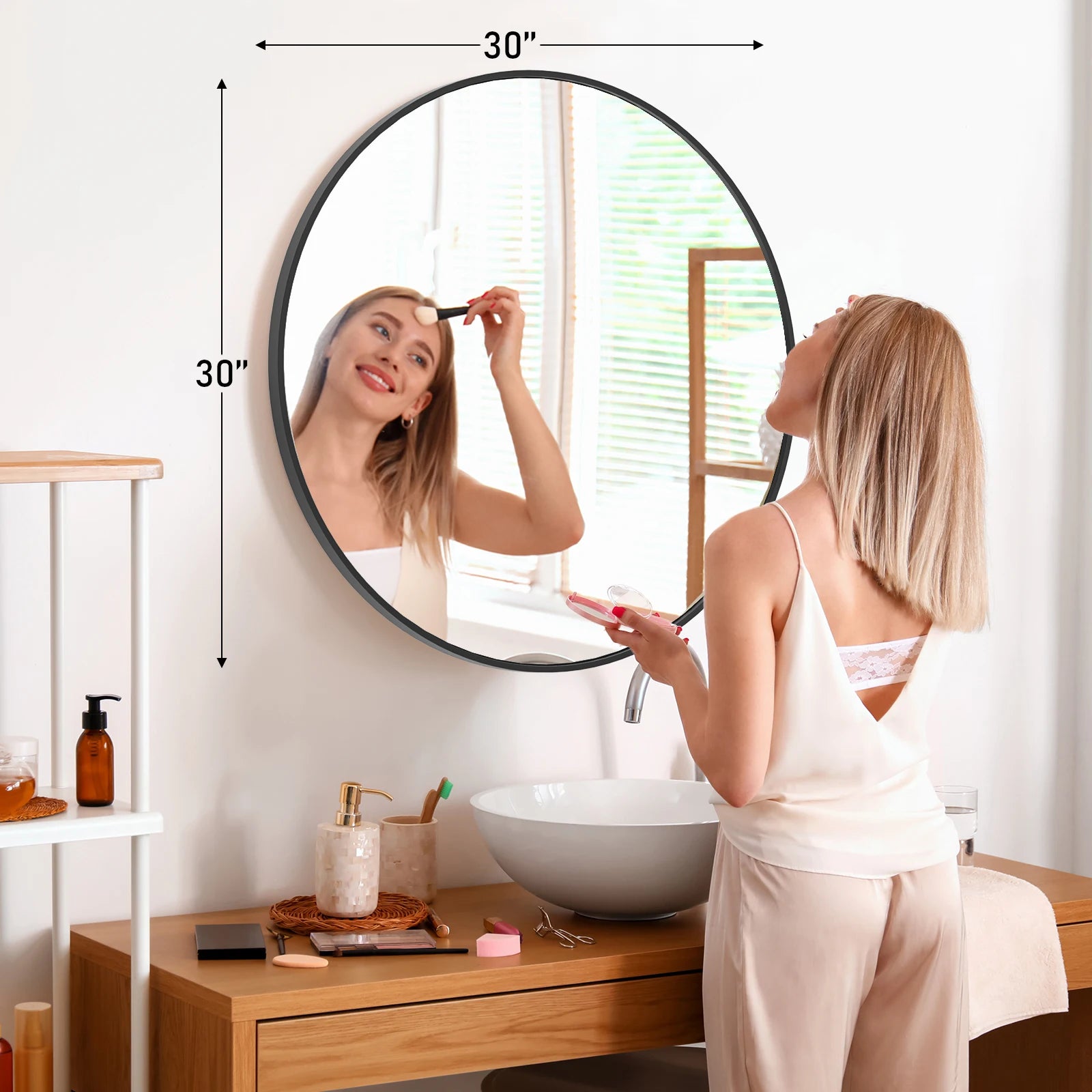 Large Gold Round Vanity Mirror – 30 Inch Modern Matte Metal Framed Wall Mirror
