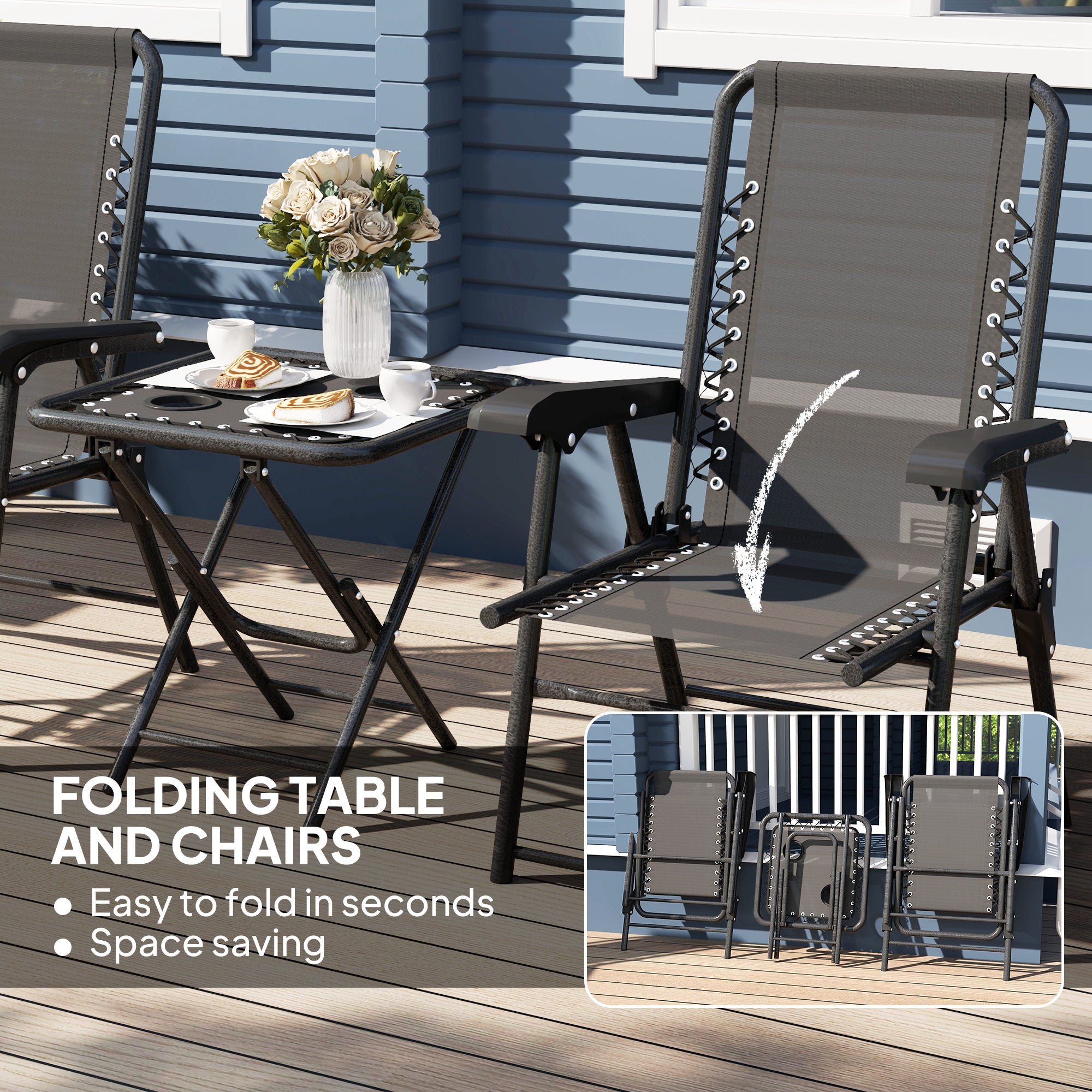 3 Pieces Patio Bistro Set, Outdoor Folding Table and Chairs Set, Metal Patio Furniture Set with Cup Holders