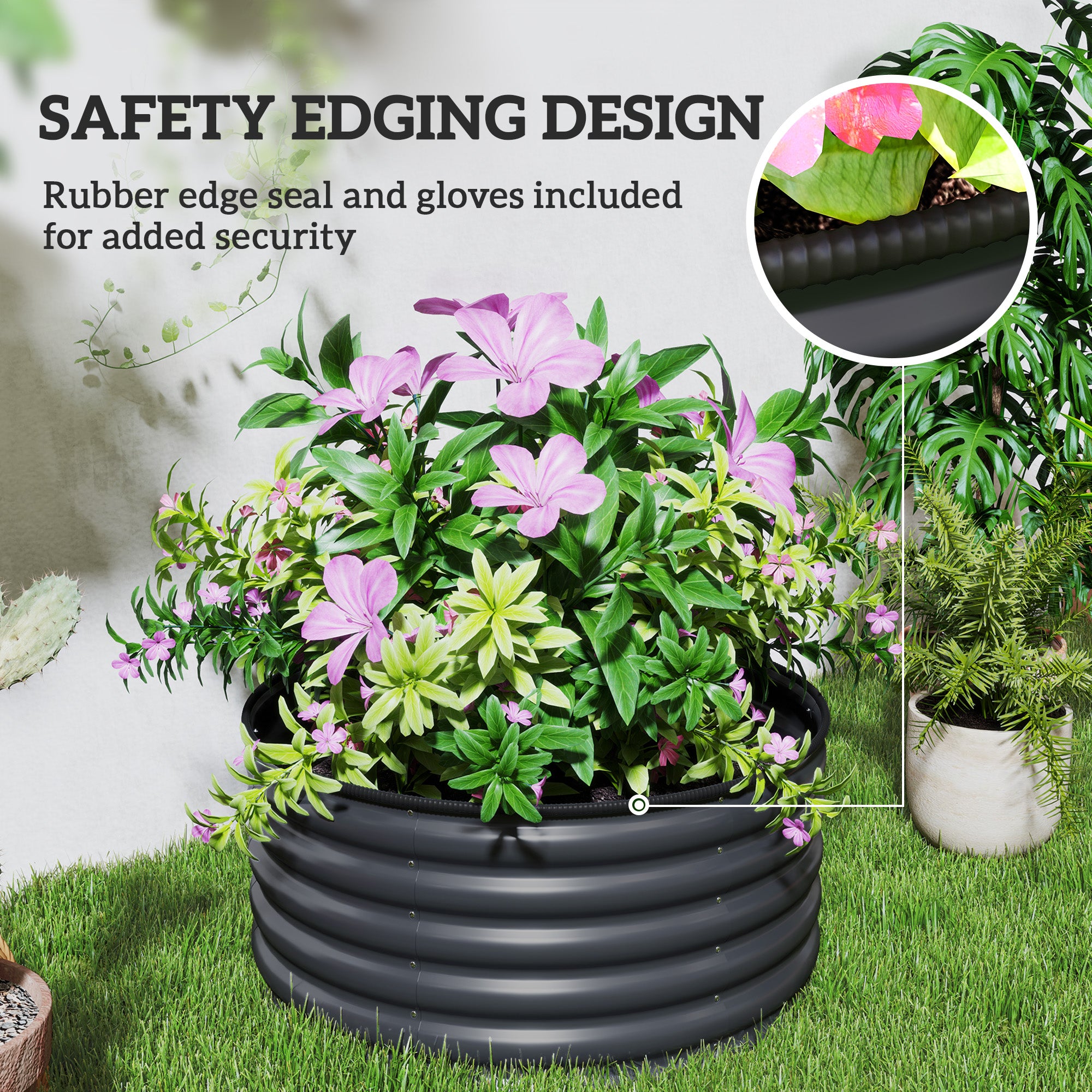 Galvanized Raised Flower Bed, 3 x 3 x 1.5 ft Outdoor Metal Raised Bed with Safety Edging and Gloves, Dark Grey