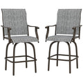 Outdoor Bar Stools Set of 2, Swivel Bar Height Chairs with High Back, Curved Armrests and Steel Frame, Mixed Grey