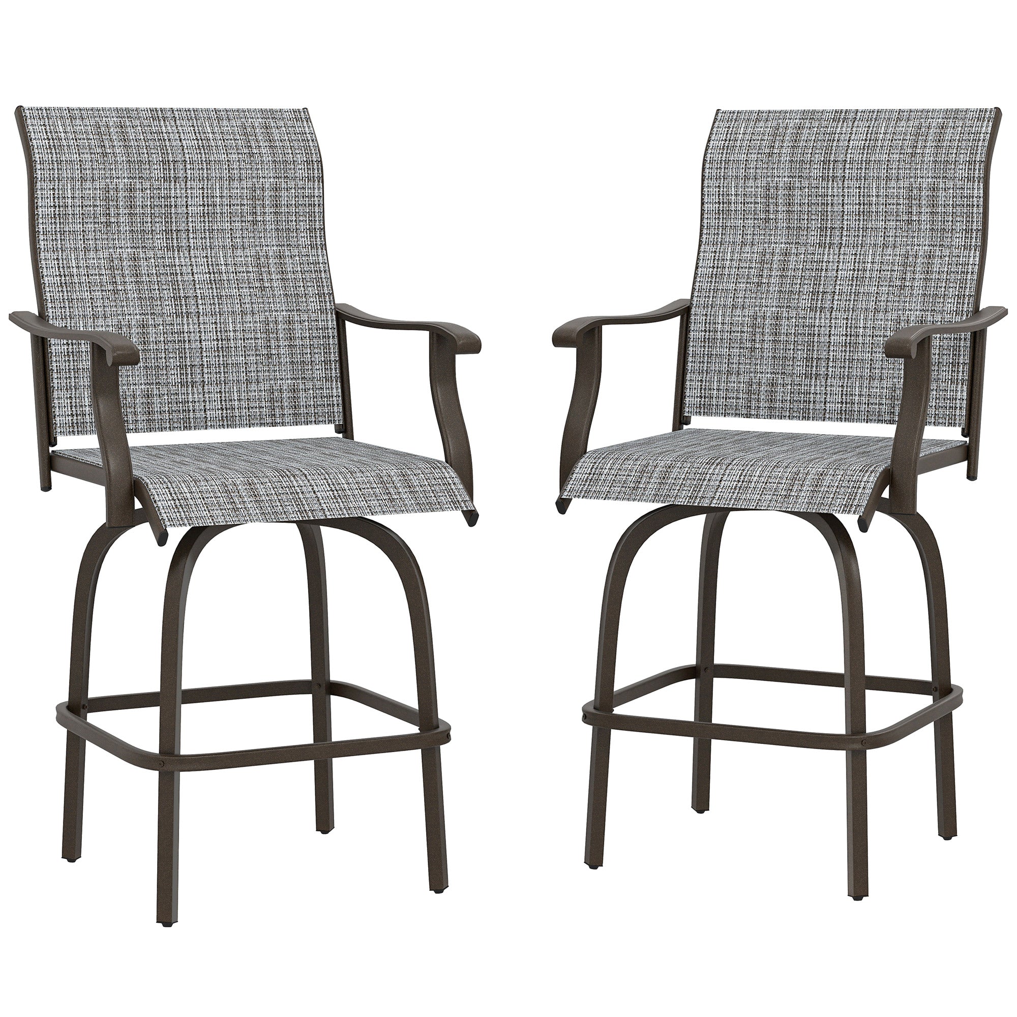 Outdoor Bar Stools Set of 2, Swivel Bar Height Chairs with High Back, Curved Armrests and Steel Frame, Mixed Grey