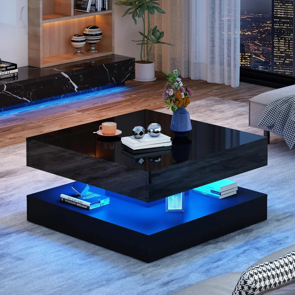 33.9 LED Coffee Table with Storage, Modern High Glossy Living Room Table w/2 Drawers, Double-Layer Design Large Square Center