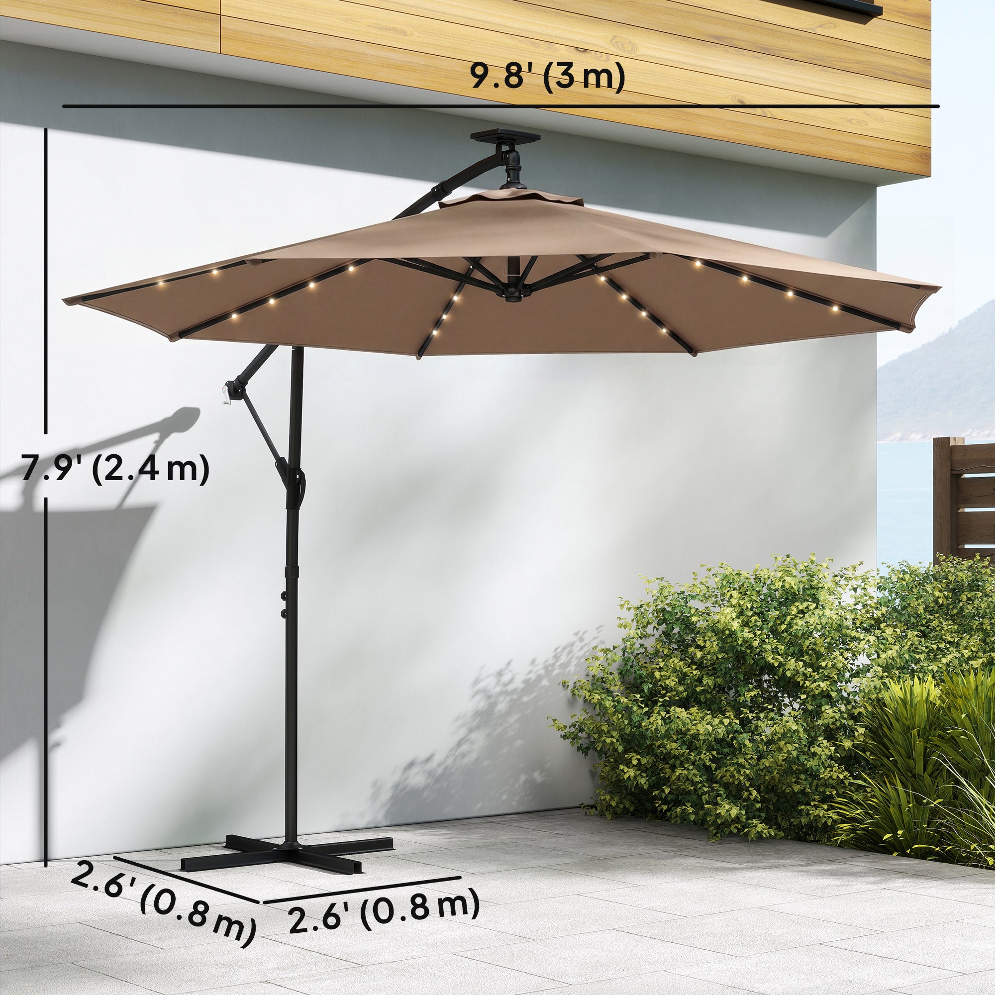 9.7 ft Cantilever Patio Umbrella with Solar Light, Garden Hanging Parasol with Cover, Tilt, Crank, Khaki