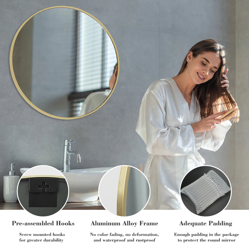 Large Gold Round Vanity Mirror – 30 Inch Modern Matte Metal Framed Wall Mirror
