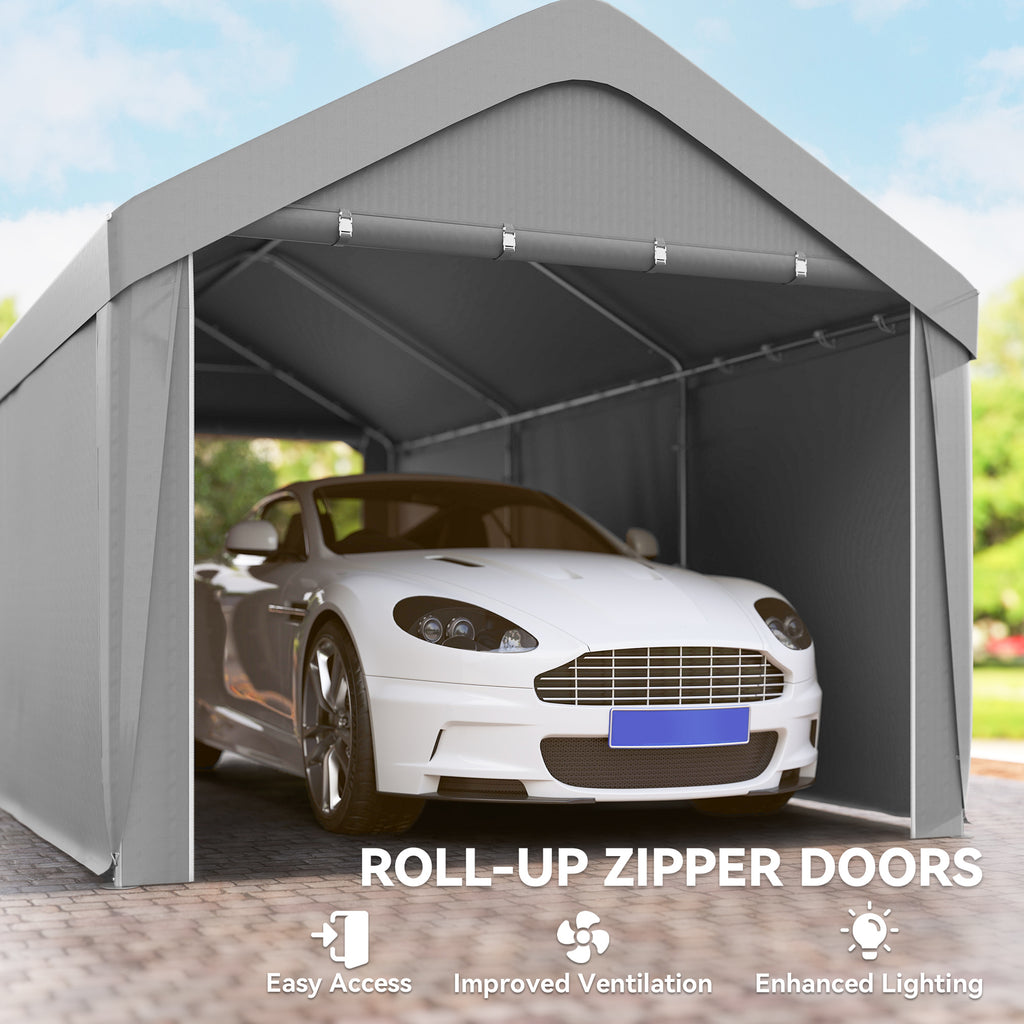 Carport, 10 x 20 ft Portable Garage with 2 Roll-Up Doors and Removable Sidewalls for Car, Truck, Boat, Light Grey