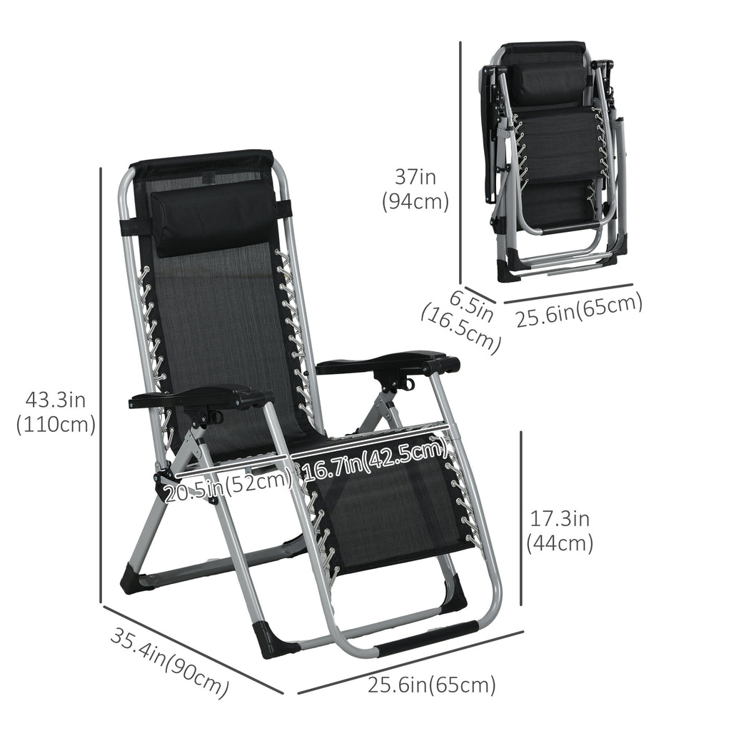 Folding Garden Chairs Set of 2, Reclining Zero Gravity Chair, Sun Lounger with Cushion and Headrest, Dark Grey