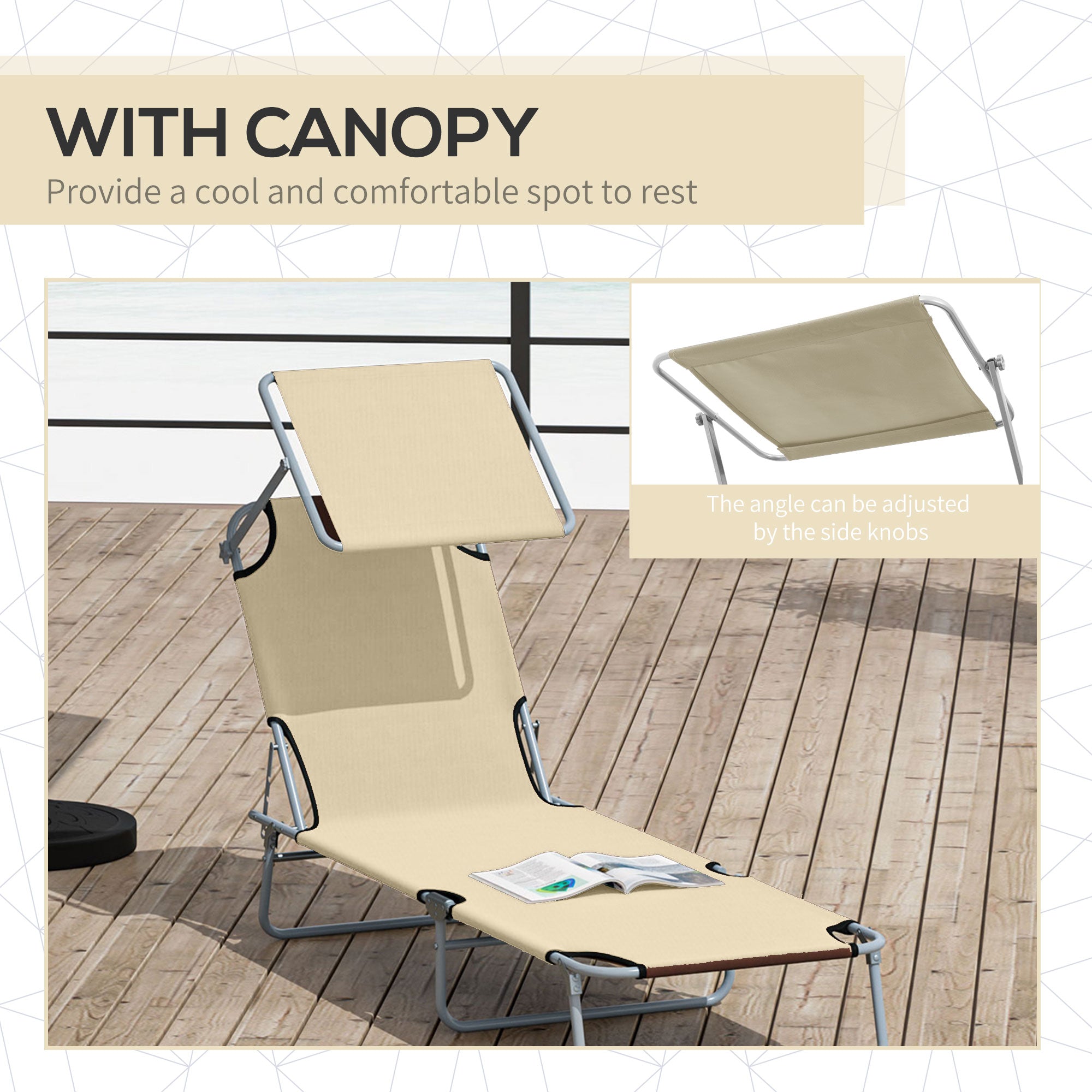 Outdoor Lounge Chair with Sun Shade for Beach, Camping, Hiking, Backyard, Beige