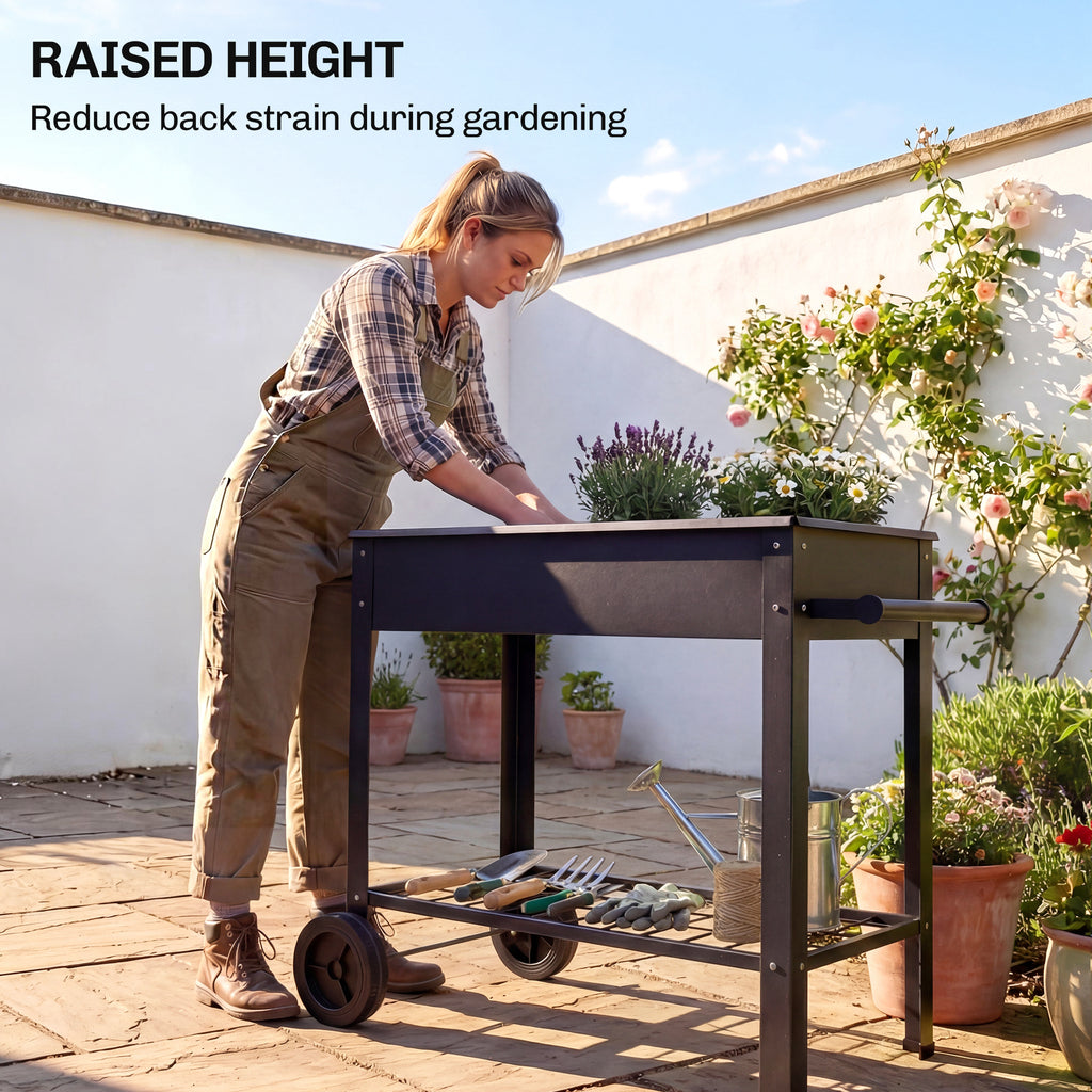 Metal Raised Garden Bed, Elevated Planter Box with 2 Wheels, Handle and Shelf, 31.5" Tall Raised Planter