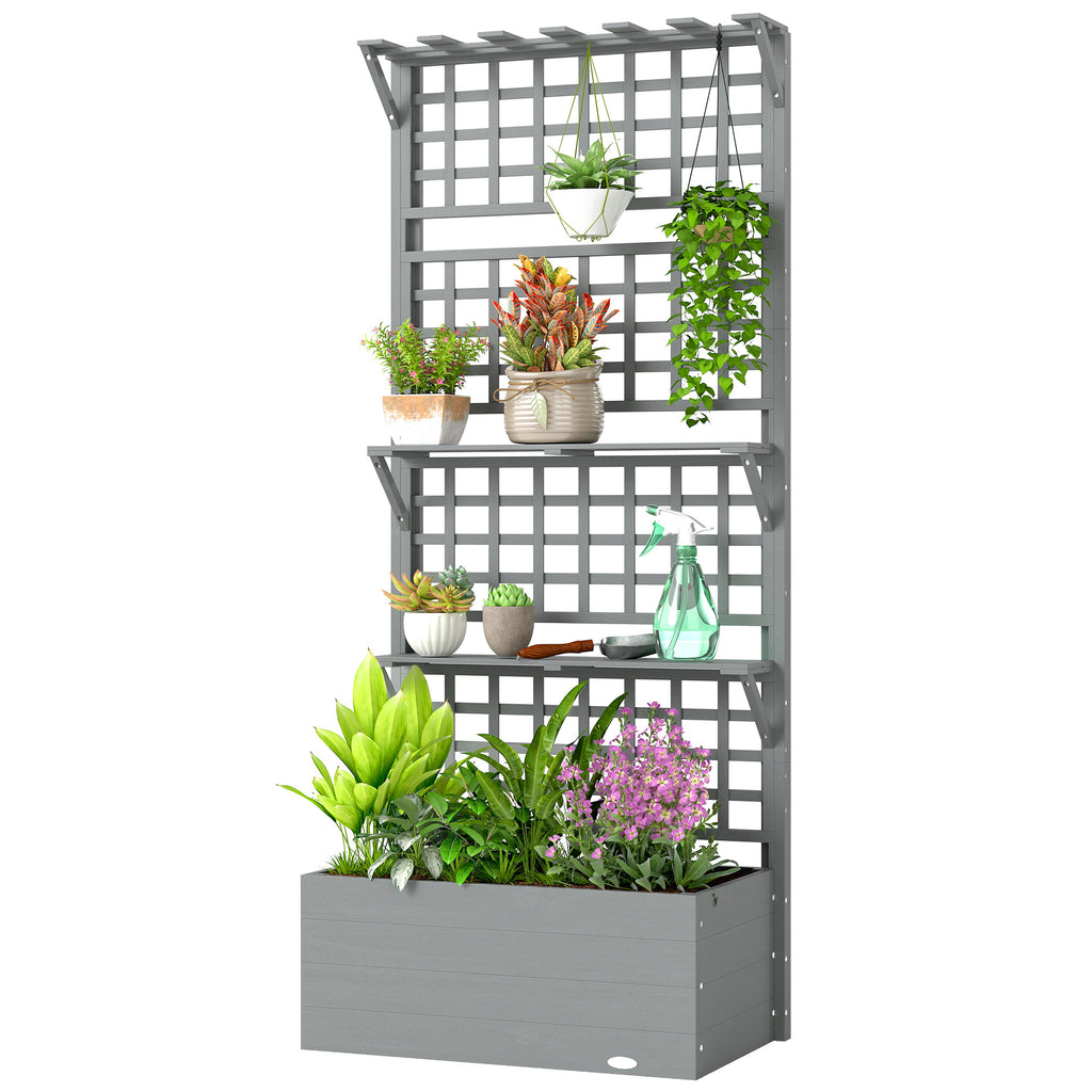 Wooden Raised Garden Bed with Trellis and Roof, Elevated Planter Box with 2 Shelves, Drainage Hole and Liner, Grey