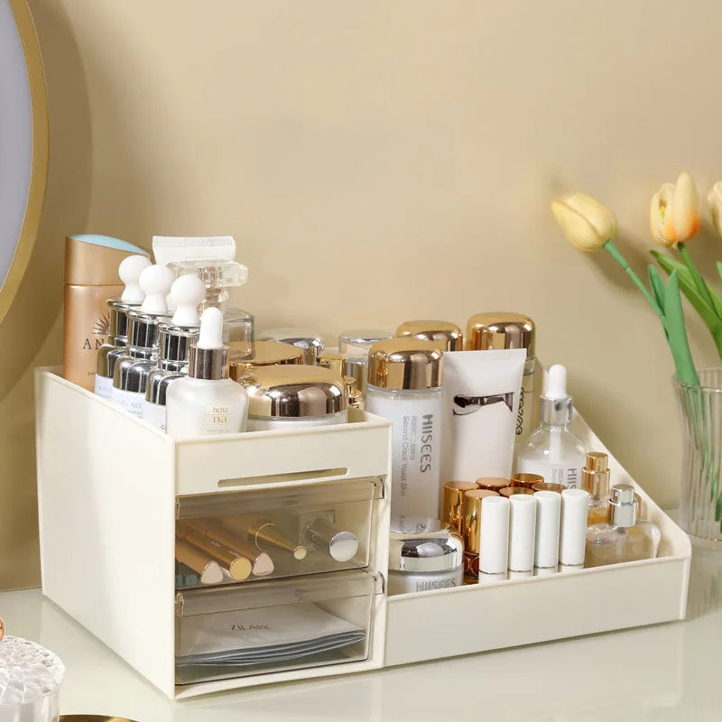 Cosmetic Organizer Desktop Storage Box – Makeup Organizer with Drawers & Display Shelf