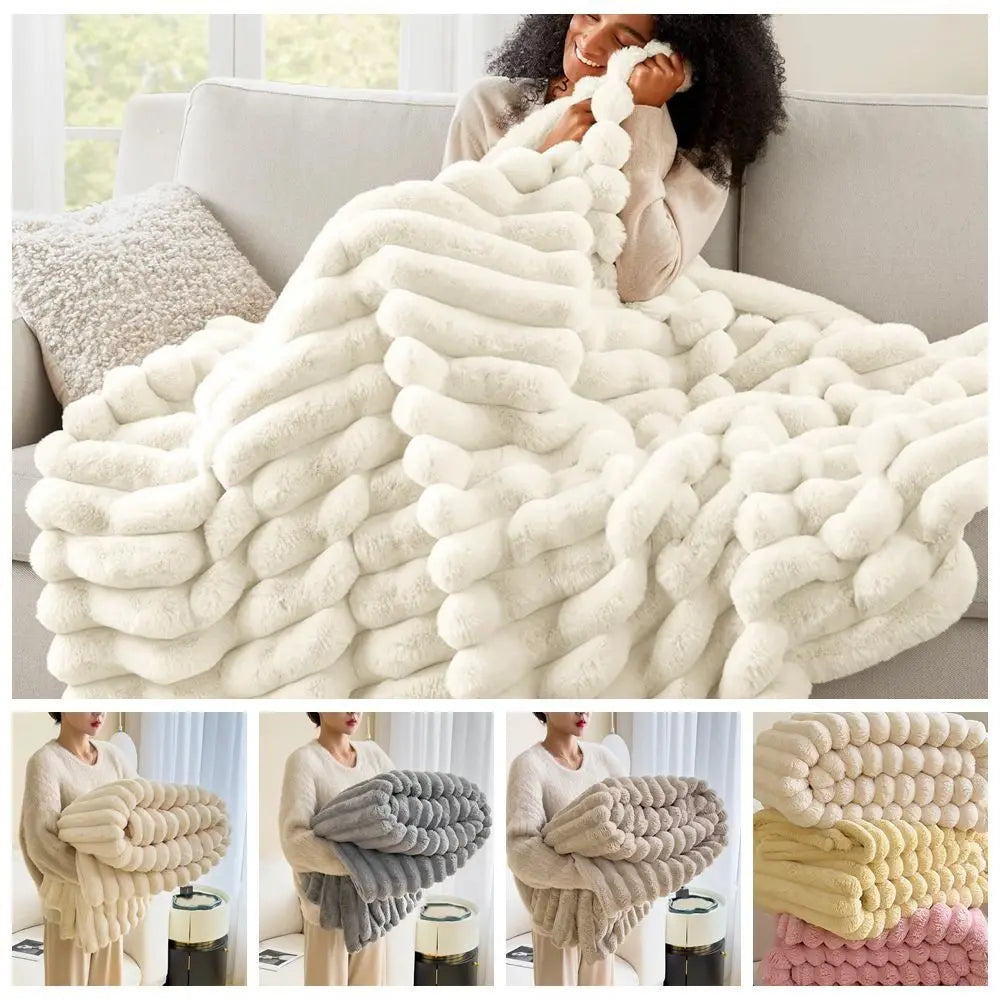 Double-Sided Warm Throw Blanket – Soft, Breathable & Skin-Friendly Solid Color Striped Blanket