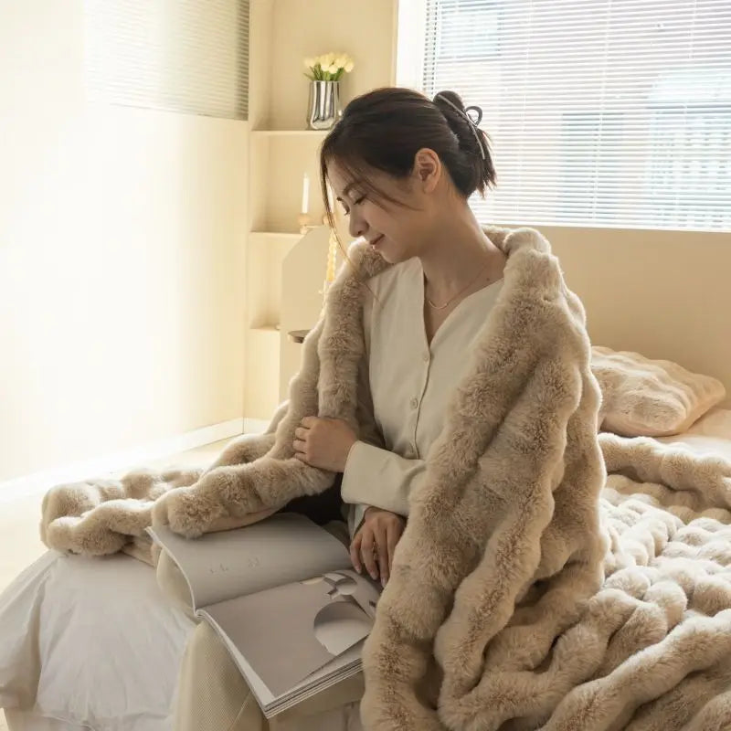 Luxury Faux Rabbit Fur Bubble Blanket – Ultra Soft Plush Throw for Sofa & Bed
