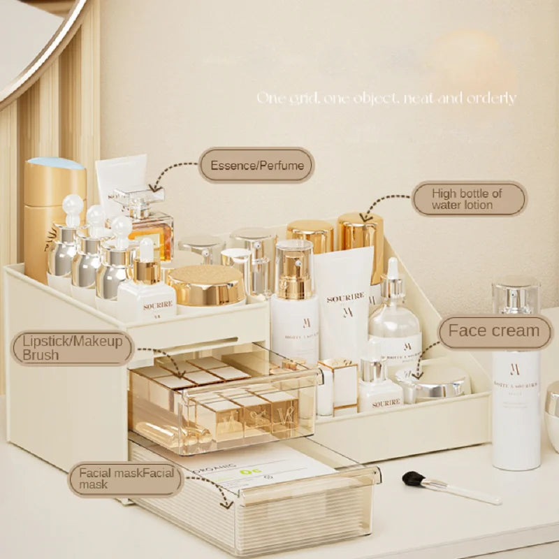 Cosmetic Organizer Desktop Storage Box – Makeup Organizer with Drawers & Display Shelf
