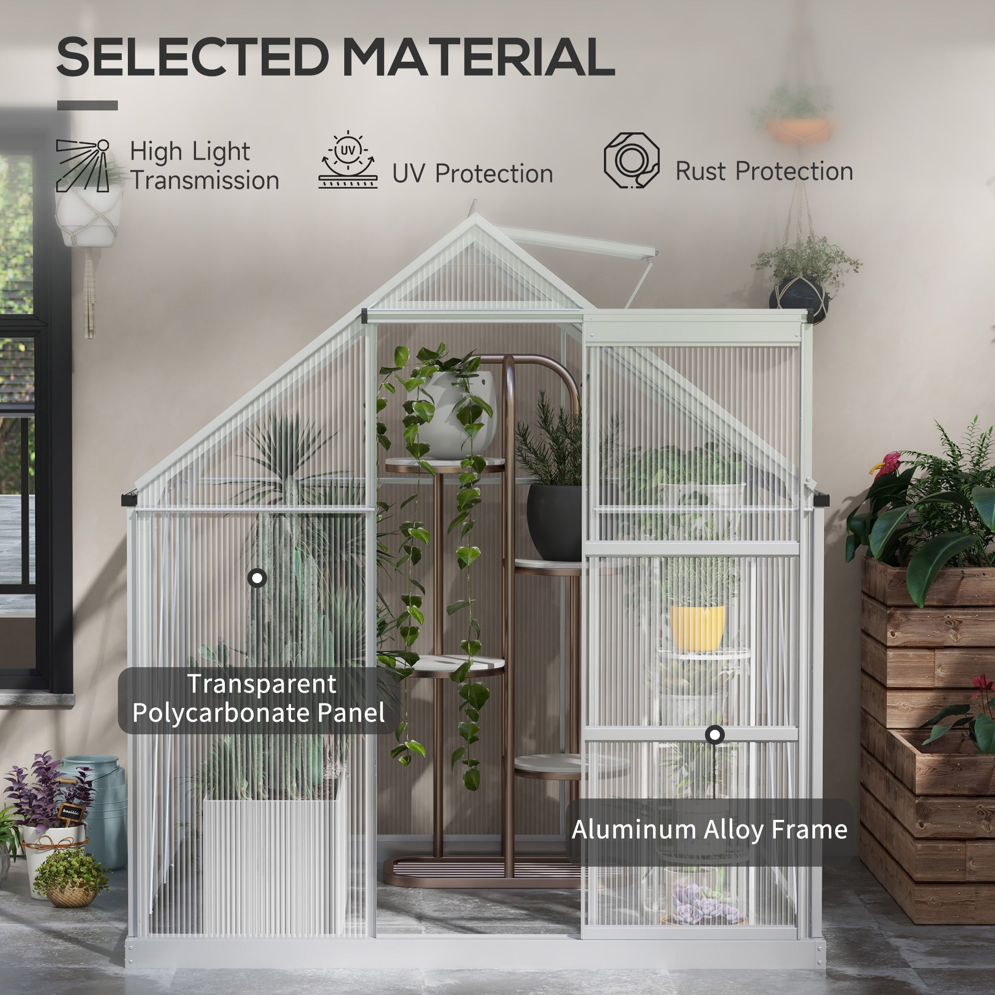 6' x 6' Walk-In Greenhouse, Polycarbonate Greenhouse with Sliding Door, Window, Aluminium Frame, Foundation, Silver