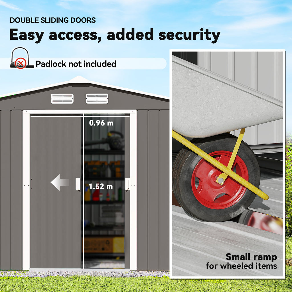 9x6 Galvanized Steel Ventilated Garden Storage Shed with Double Doors, Foundation Kit, Grey