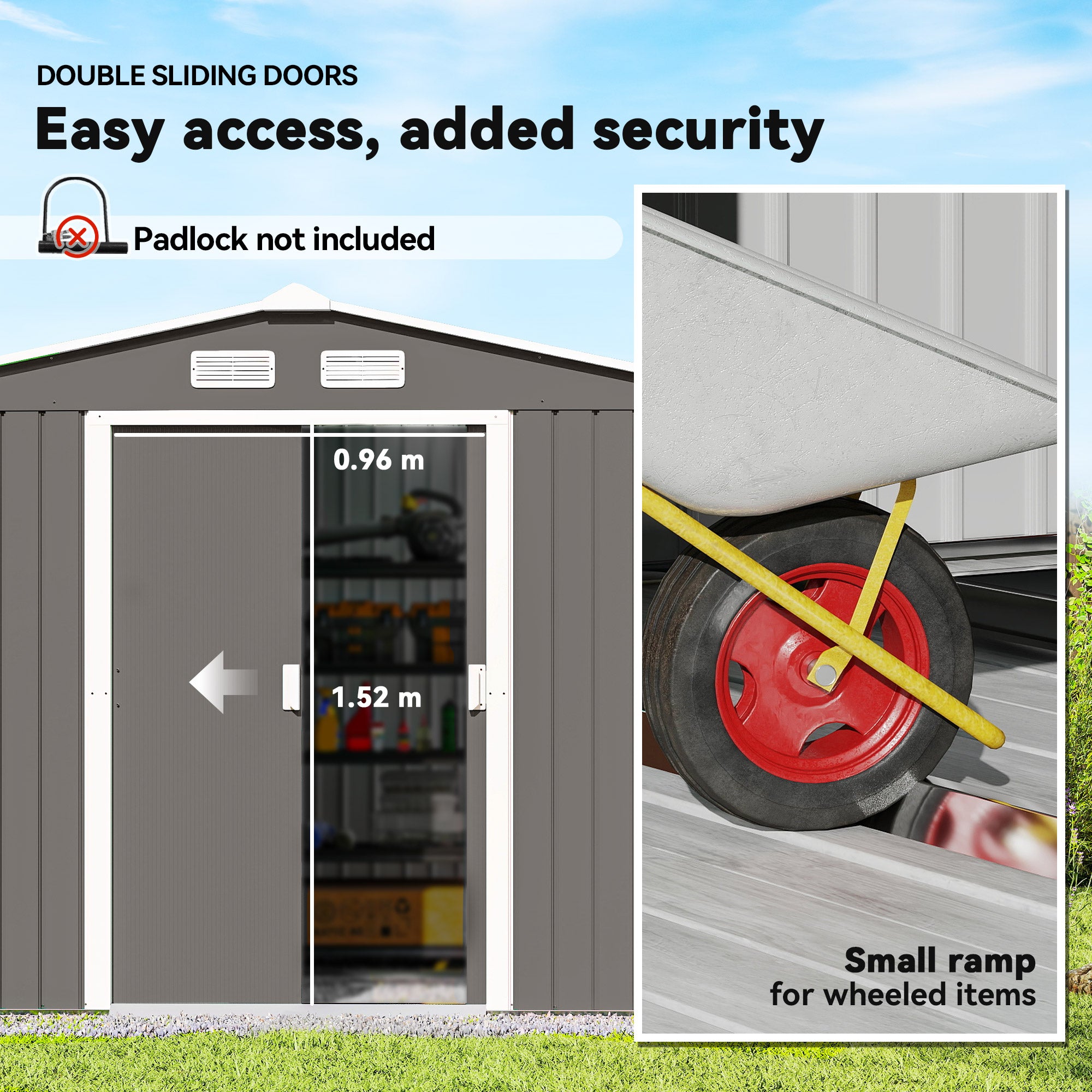 9x6 Galvanized Steel Ventilated Garden Storage Shed with Double Doors, Foundation Kit, Grey