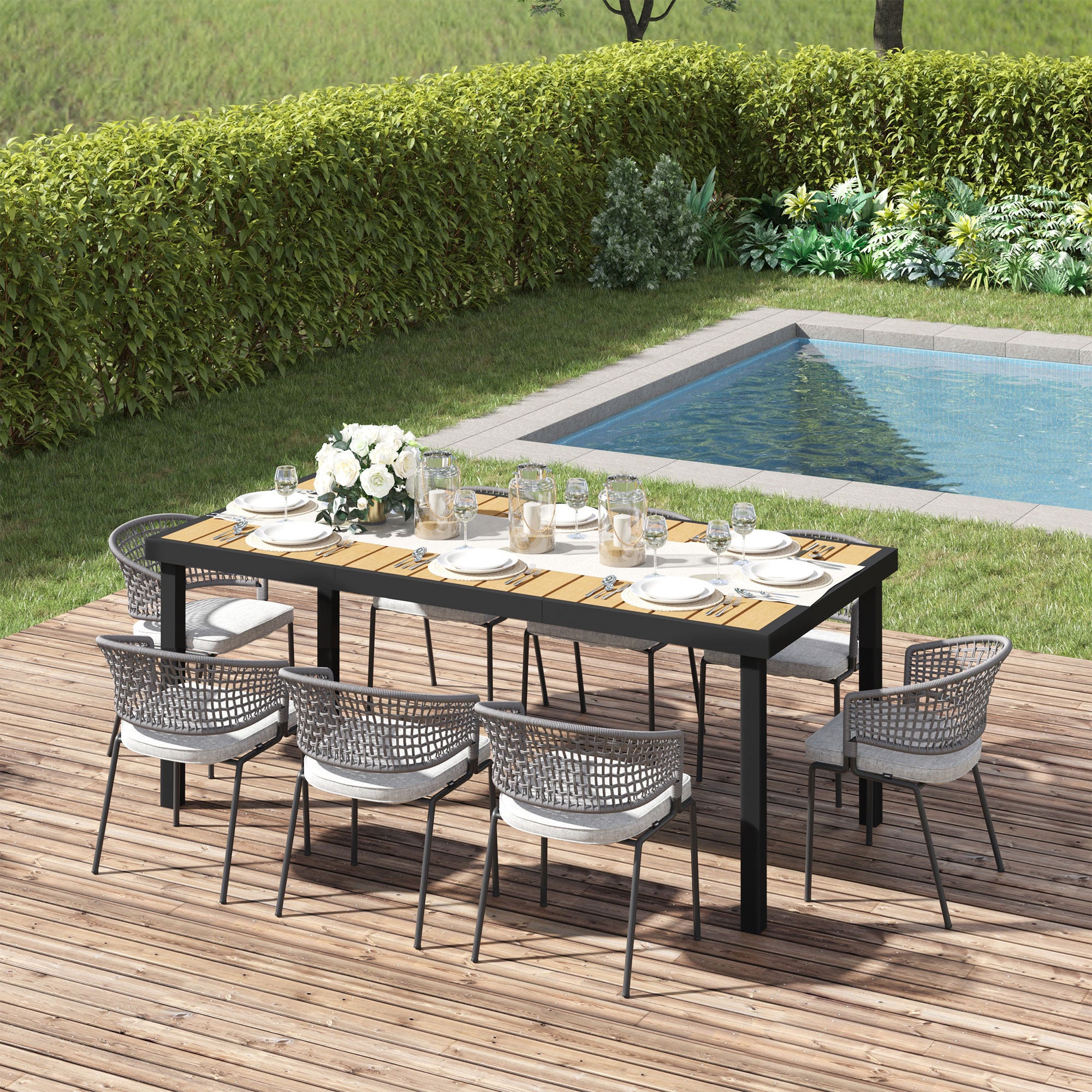 75" x 35" Outdoor Dining Table for 8 People, Rectangular Aluminum Frame Garden Table with All-Weather Faux Wood Top for Garden, Lawn, Patio, Natural