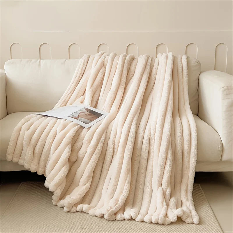Solid Thickened Wide Stripe Flannel Blanket – Soft Multi-Purpose Bed & Sofa Throw