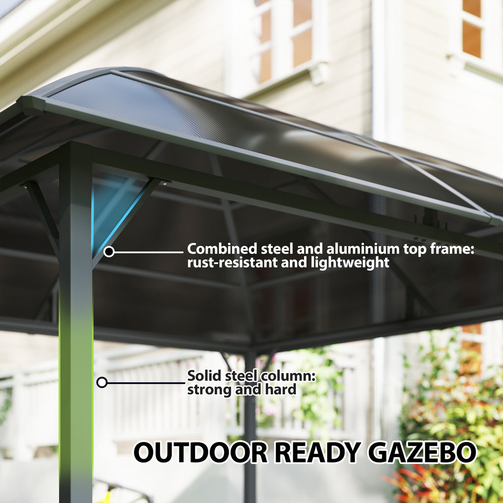 10' x 10' Outdoor Hardtop Gazebo Canopy withÂ UV60+ Polycarbonate Roof, Steel Frame, Central Hook,Â Curtains, Light Grey