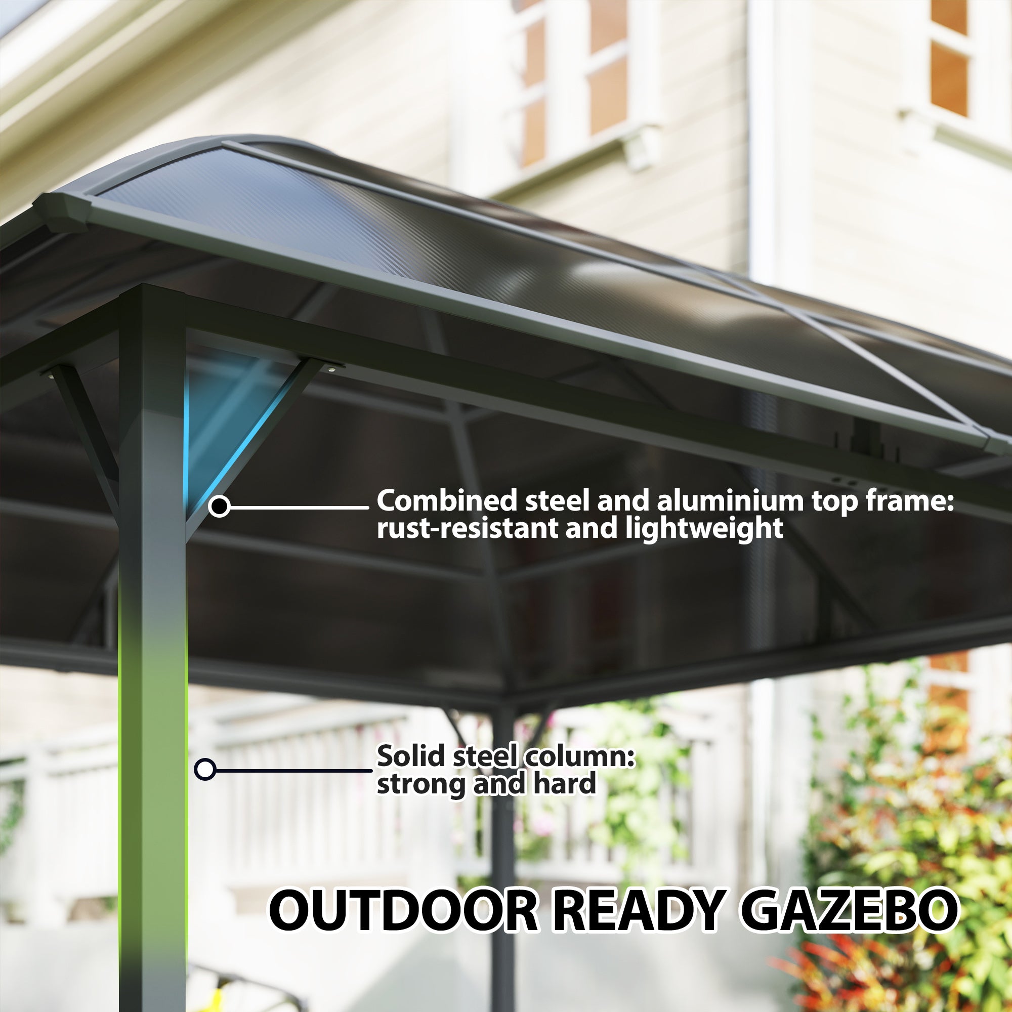 10' x 10' Outdoor Hardtop Gazebo Canopy withÂ UV60+ Polycarbonate Roof, Steel Frame, Central Hook,Â Curtains, Light Grey