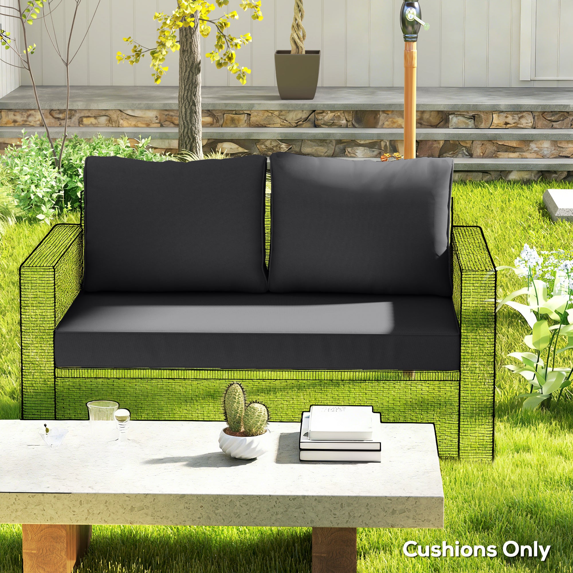 2 Seater Outdoor Seat Cushions with Backrest, Loveseat Double Sofa Outdoor Furniture Cushions, Black