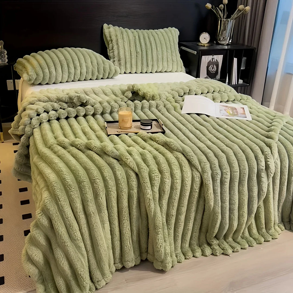 Solid Thickened Wide Stripe Flannel Blanket – Soft Multi-Purpose Bed & Sofa Throw