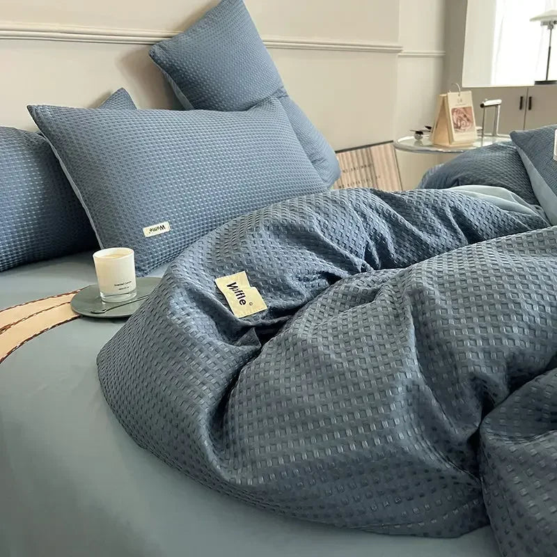 Luxury Cotton Waffle Bedding Set – 4-Piece Olive Green Quilt Cover & Bed Sheet Set