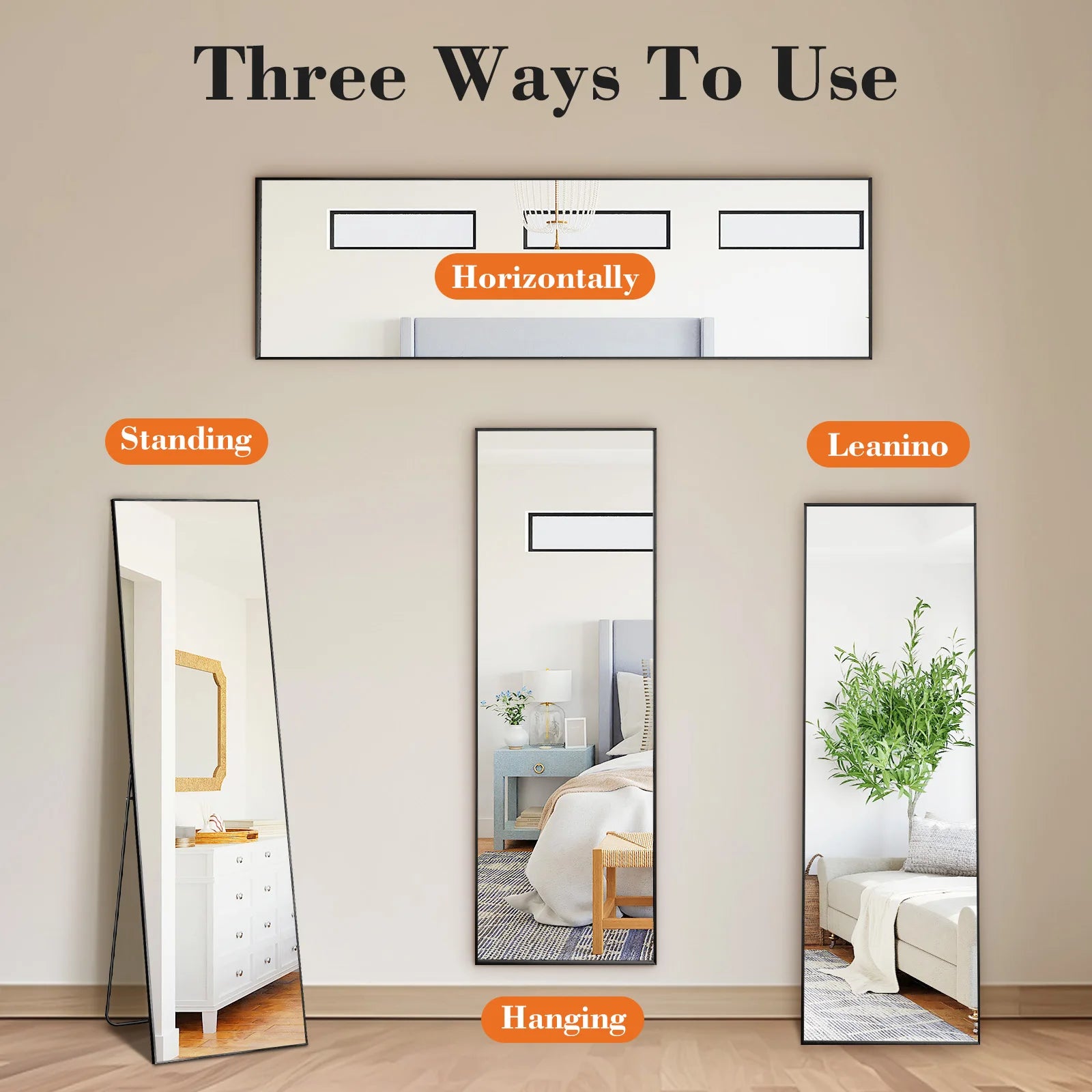 JHK 64" × 21" Full Body Mirror – Large Aluminum Alloy Framed Standing, Hanging & Leaning Mirror