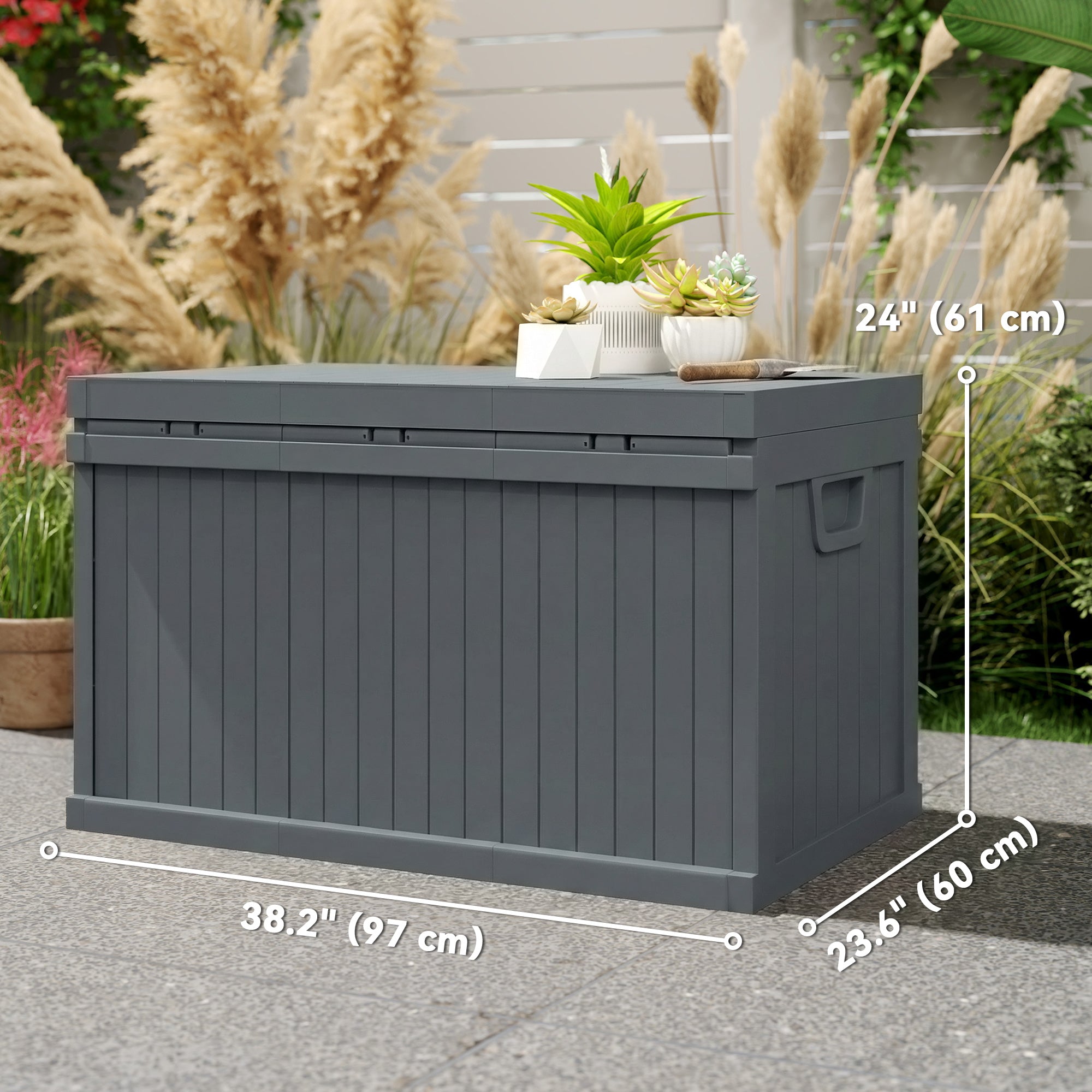 70 Gallon Deck Box, Resin Outdoor Storage Box with Handles, Waterproof Storage Container for Garden Tools, Dark Grey