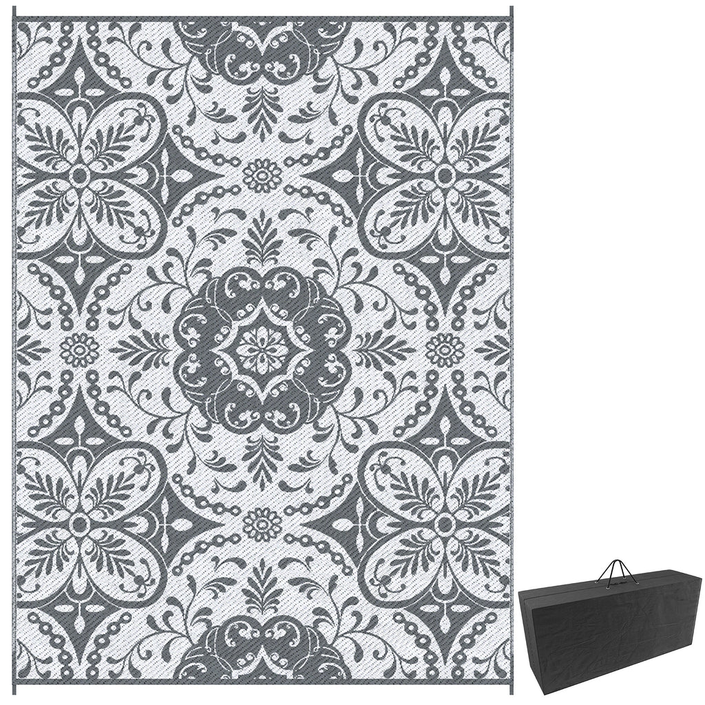 Portable Outdoor Rug with Carry Bag, 9' x 12' Reversible Mat, Waterproof Plastic Straw RV Rug for Backyard, Deck, Picnic, Beach, Camping, Gray & White Flower