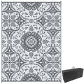 Portable Outdoor Rug with Carry Bag, 9' x 12' Reversible Mat, Waterproof Plastic Straw RV Rug for Backyard, Deck, Picnic, Beach, Camping, Gray & White Flower