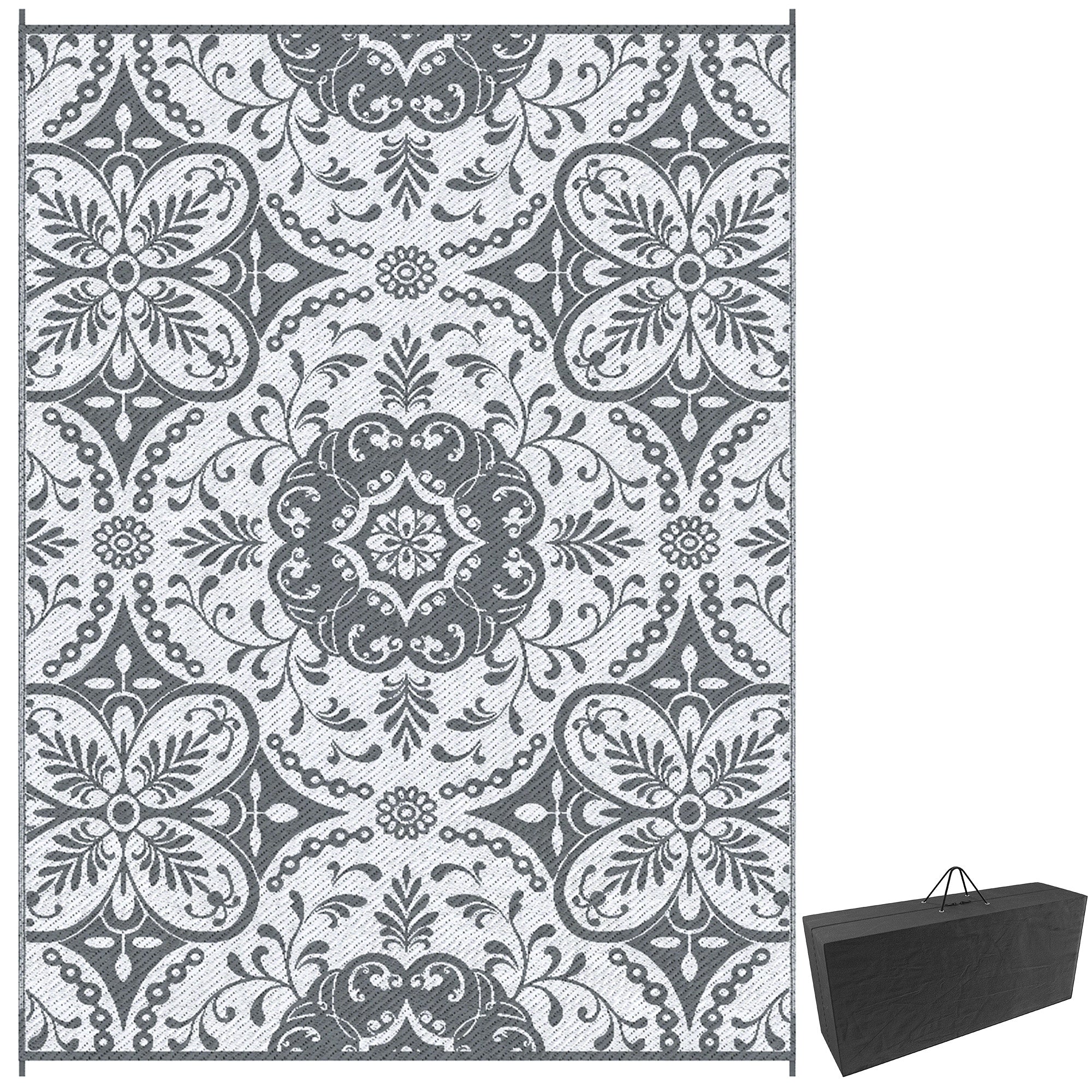 Portable Outdoor Rug with Carry Bag, 9' x 12' Reversible Mat, Waterproof Plastic Straw RV Rug for Backyard, Deck, Picnic, Beach, Camping, Gray & White Flower