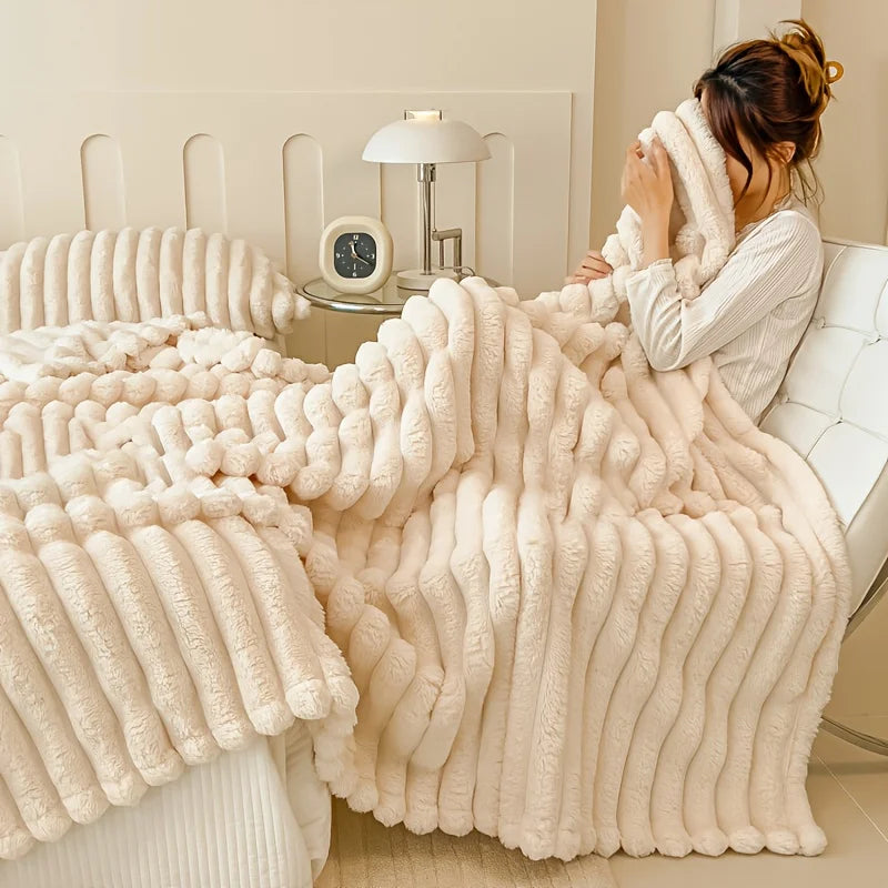 Solid Thickened Wide Stripe Flannel Blanket – Soft Multi-Purpose Bed & Sofa Throw